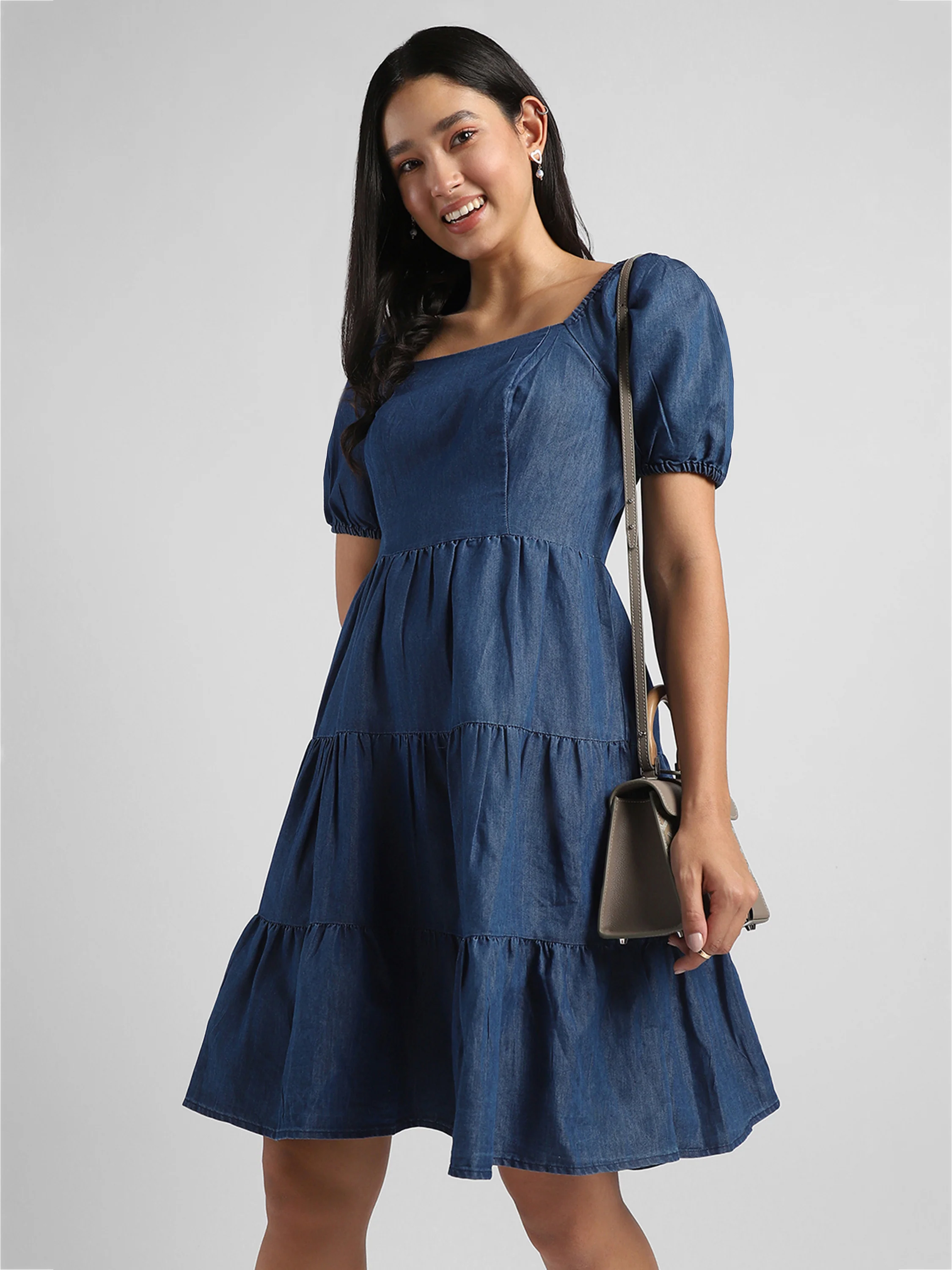 Women Blue Tier Denim Fit & Flare Dress - Image 5