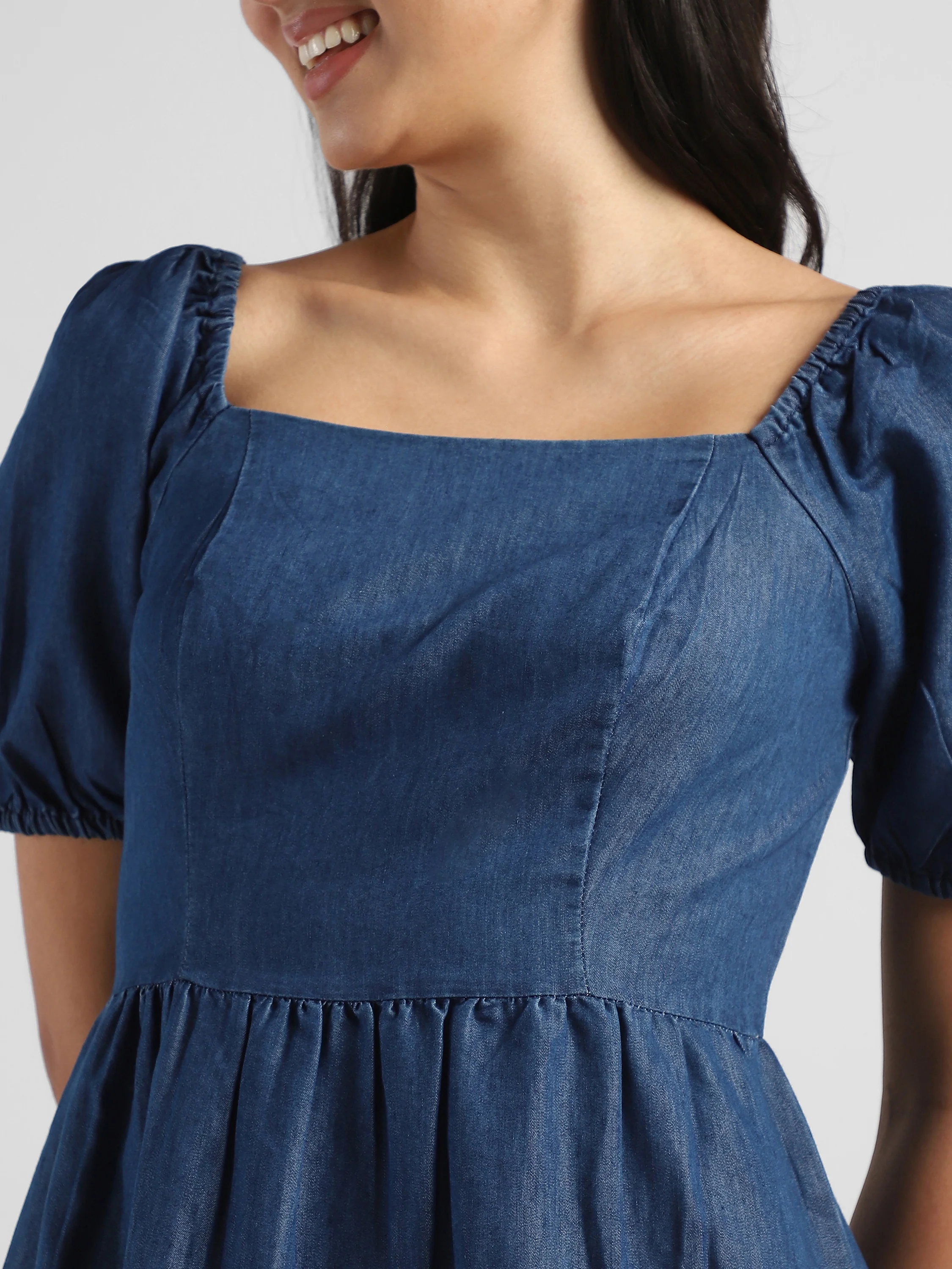 Women Blue Tier Denim Fit & Flare Dress - Image 6
