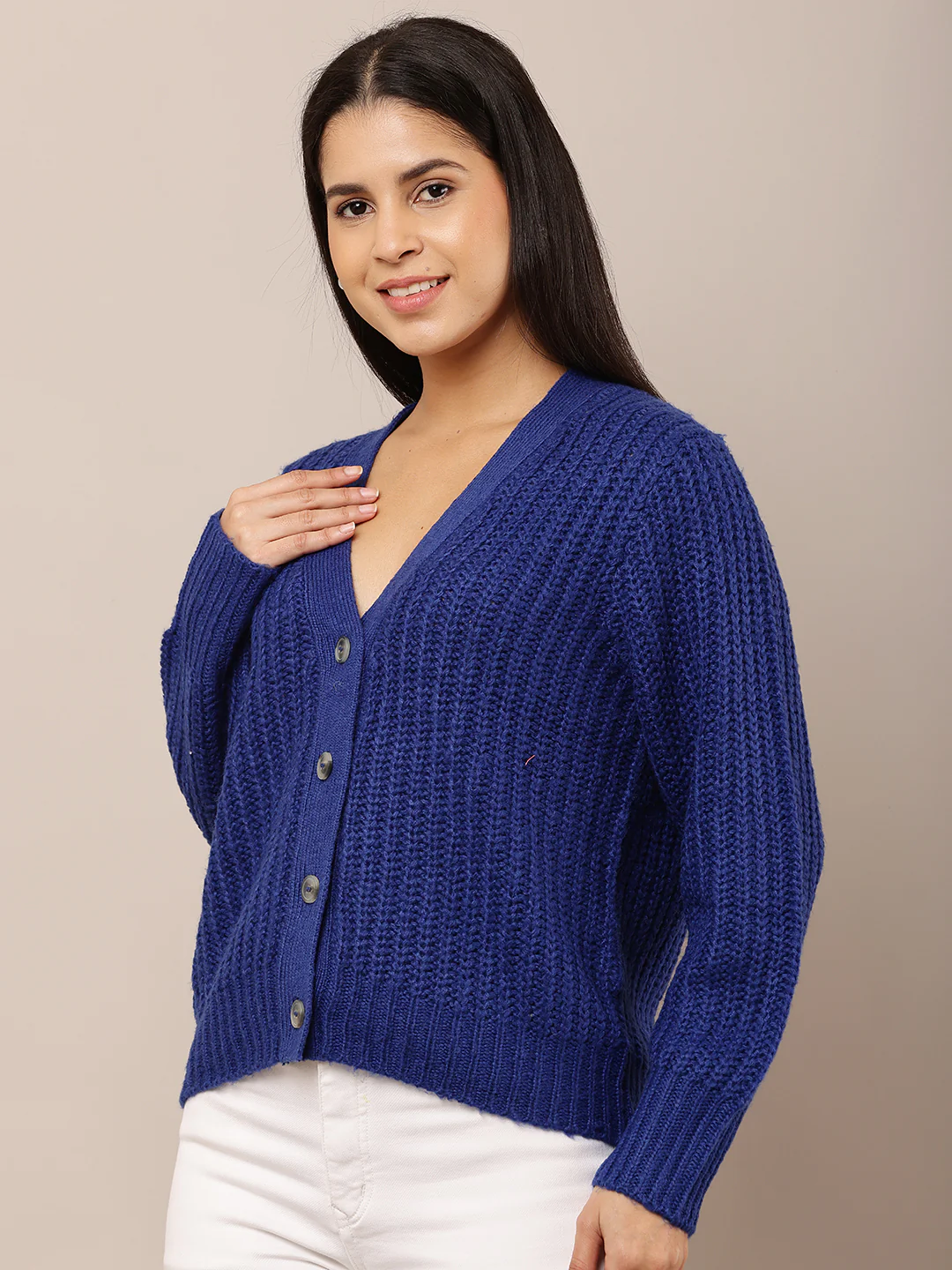 Women Blue V-Neck Buttoned Cardigan - Image 2