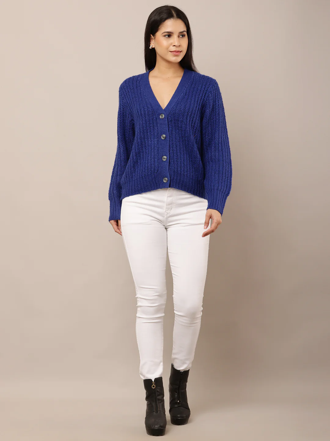 Women Blue V-Neck Buttoned Cardigan - Image 3