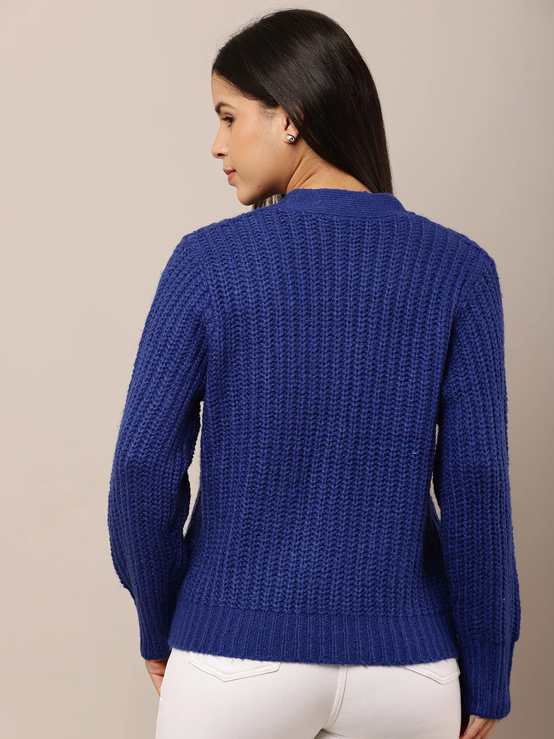 Women Blue V-Neck Buttoned Cardigan - Image 4