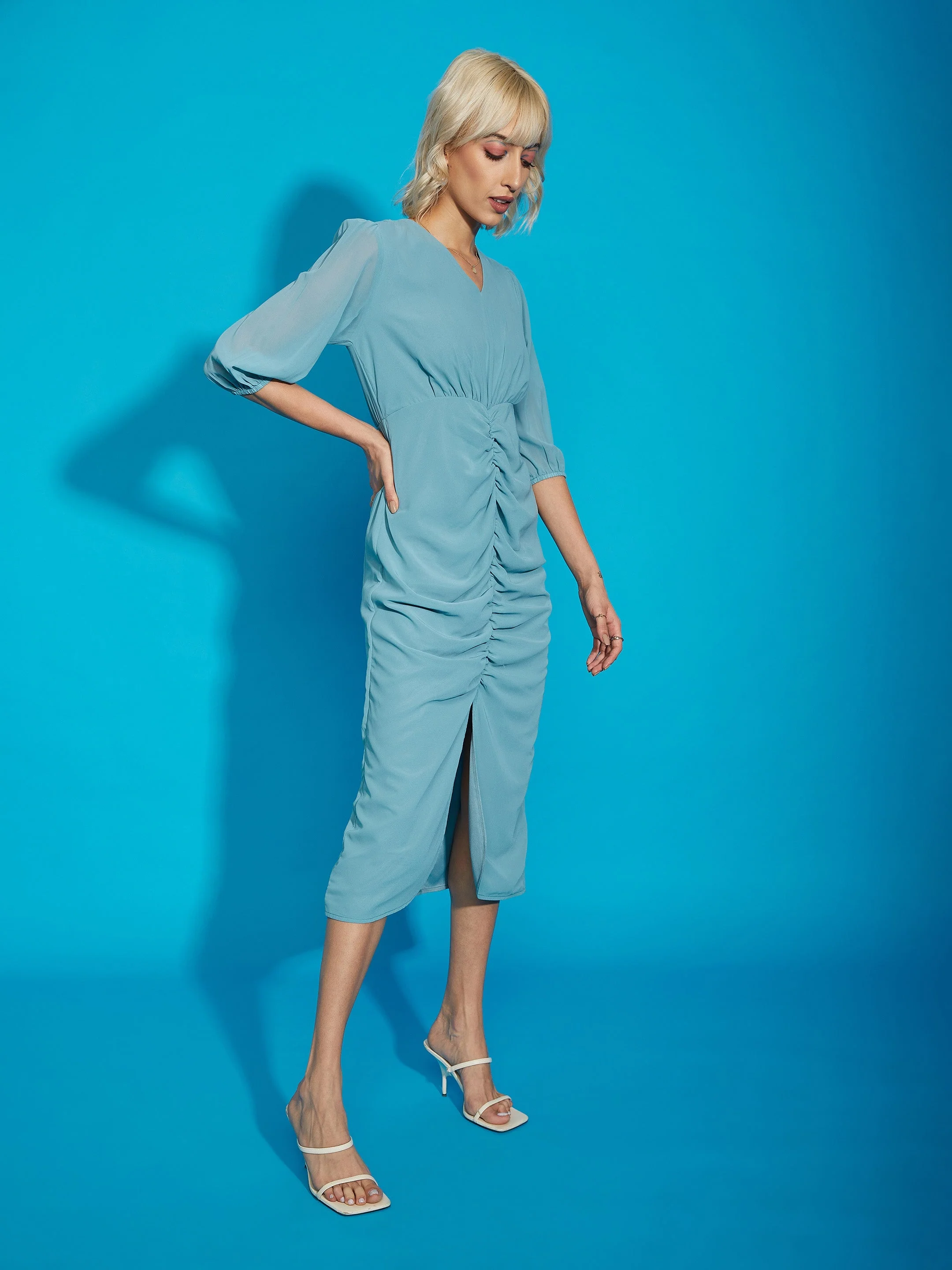 Women Blue V- Neck Ruched Midi Dress - Image 3