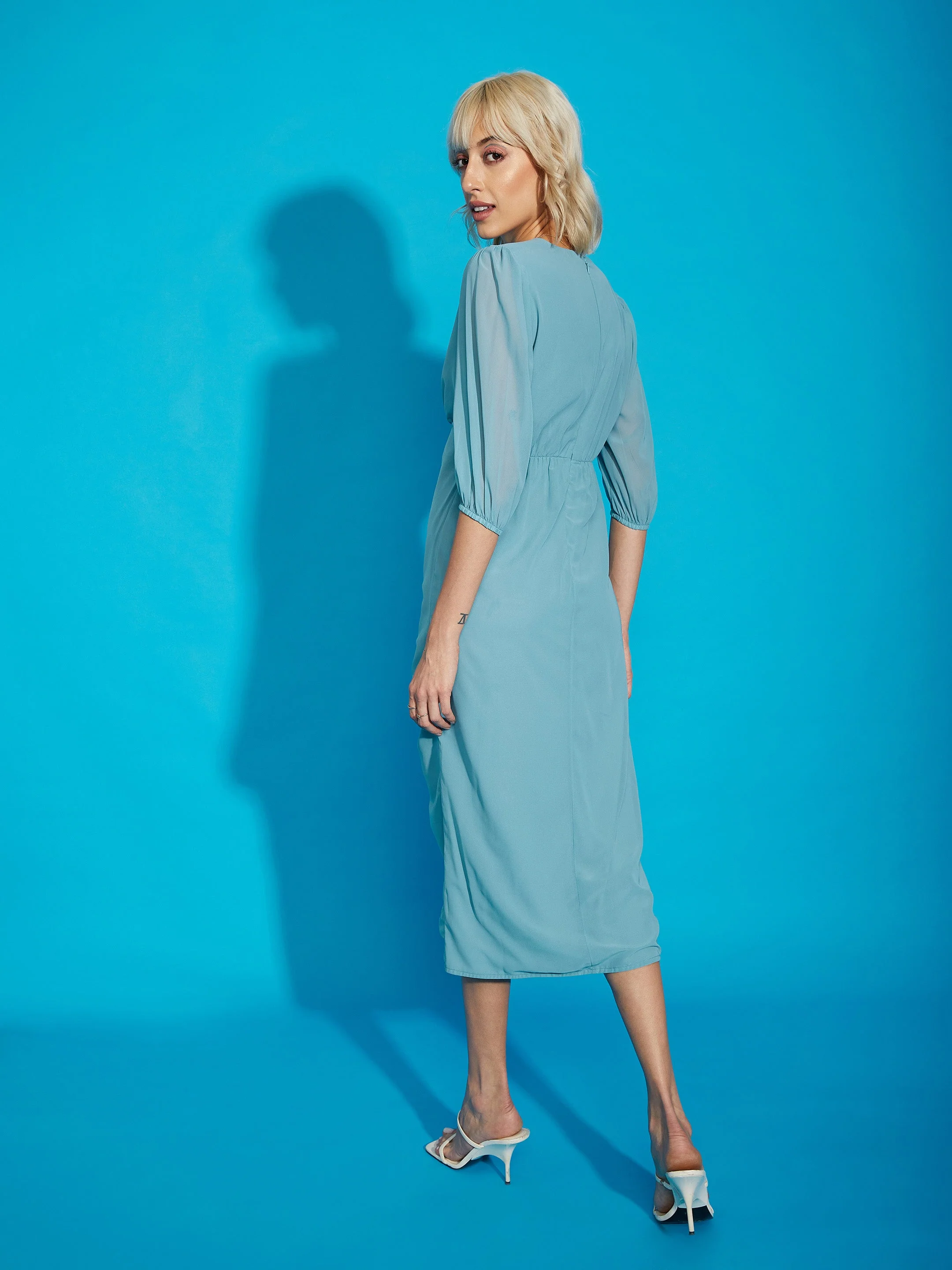 Women Blue V- Neck Ruched Midi Dress - Image 5