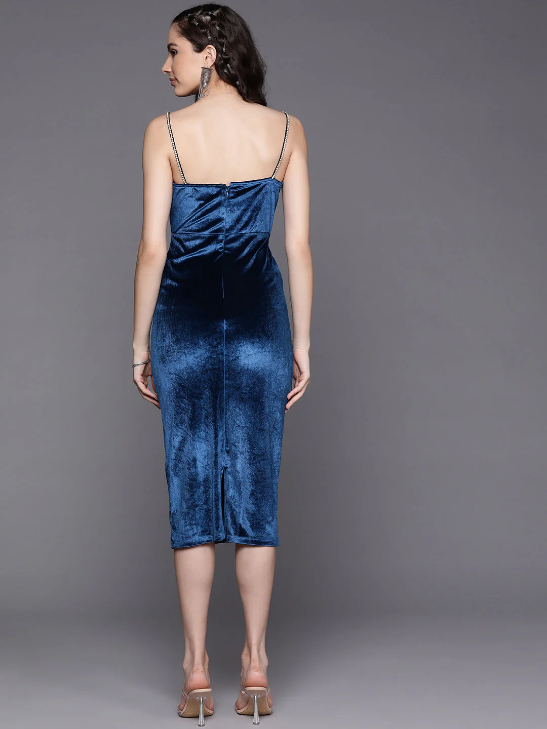 Women Blue Velvet Cowl Neck Bodycon Dress - Image 4