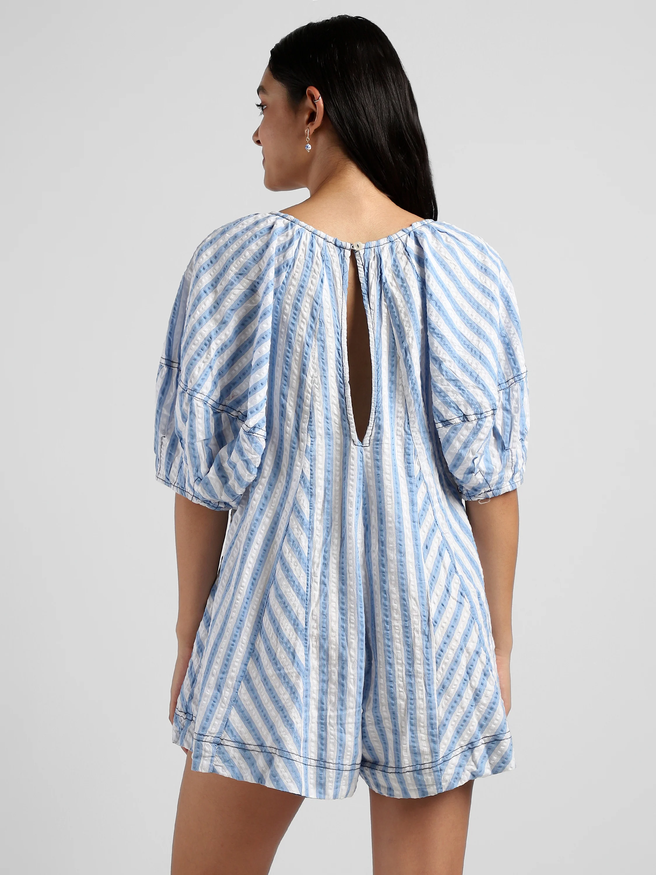 Women Blue Vertical Stripe Comfort Fit Romper - Image 2