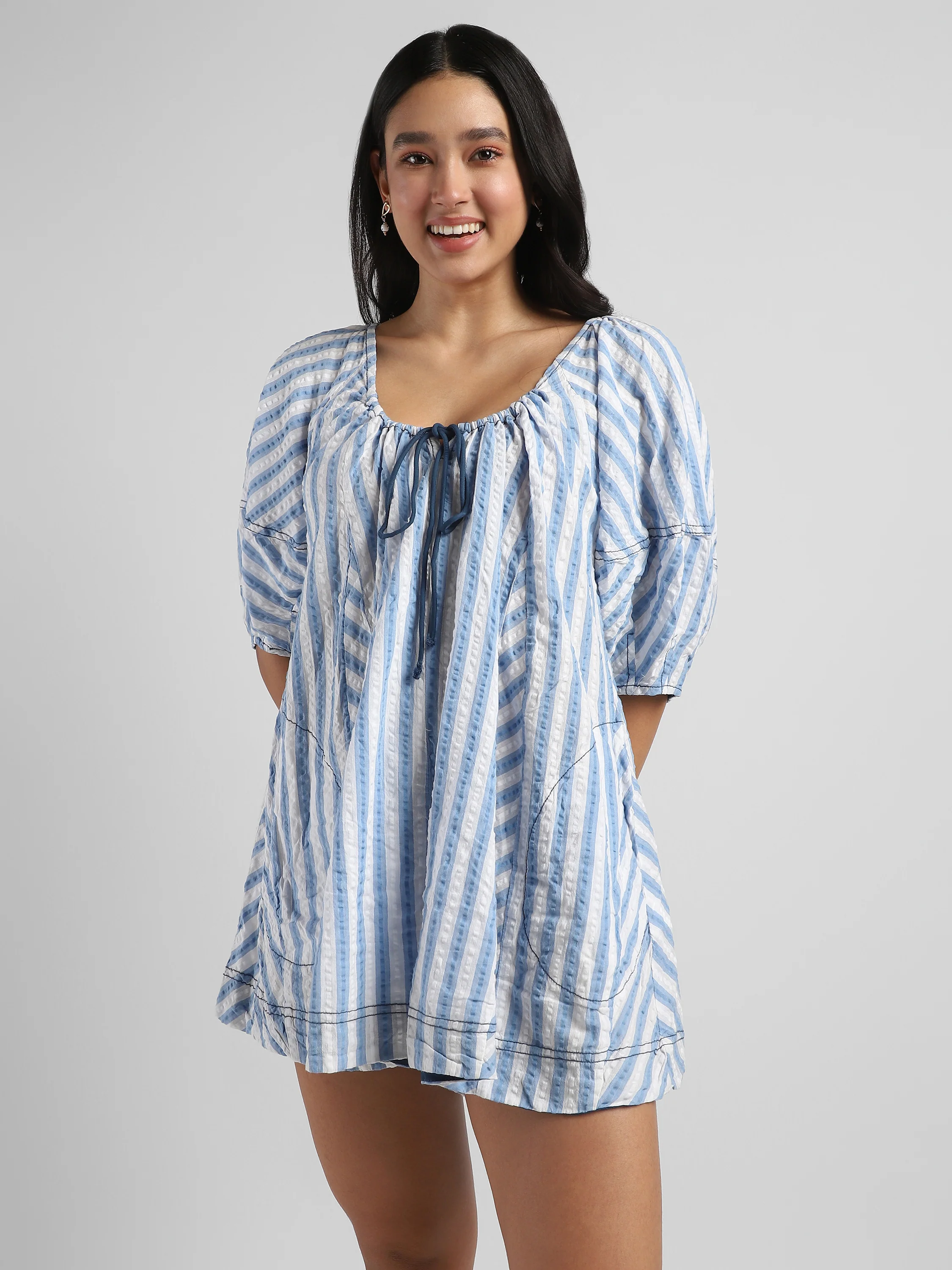 Women Blue Vertical Stripe Comfort Fit Romper - Image 5