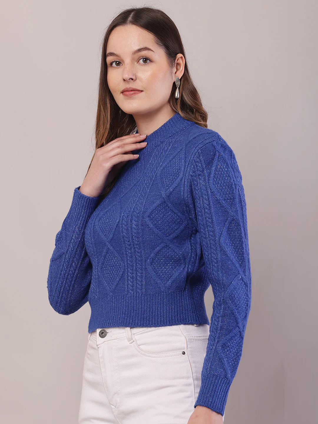 Women Blue Viscose Cable Knit Full Sleeve Sweater - Image 2