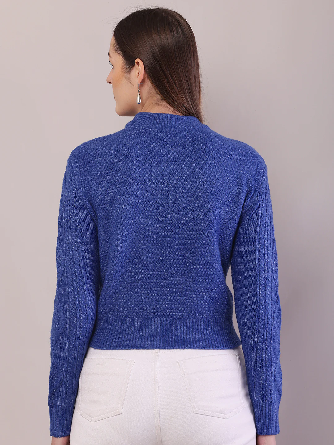 Women Blue Viscose Cable Knit Full Sleeve Sweater - Image 4