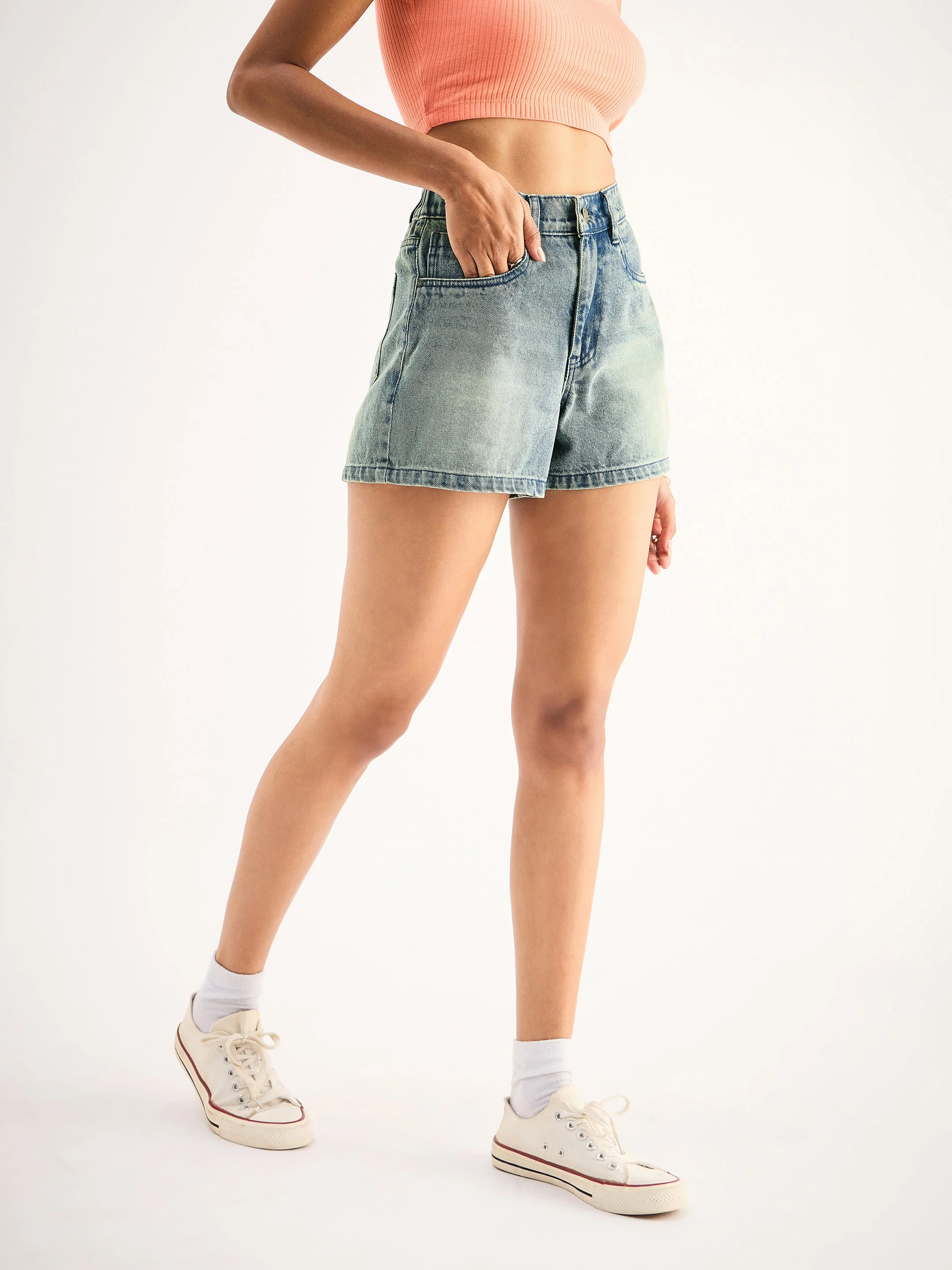 Women Blue Wash Denim Shorts - Image 3