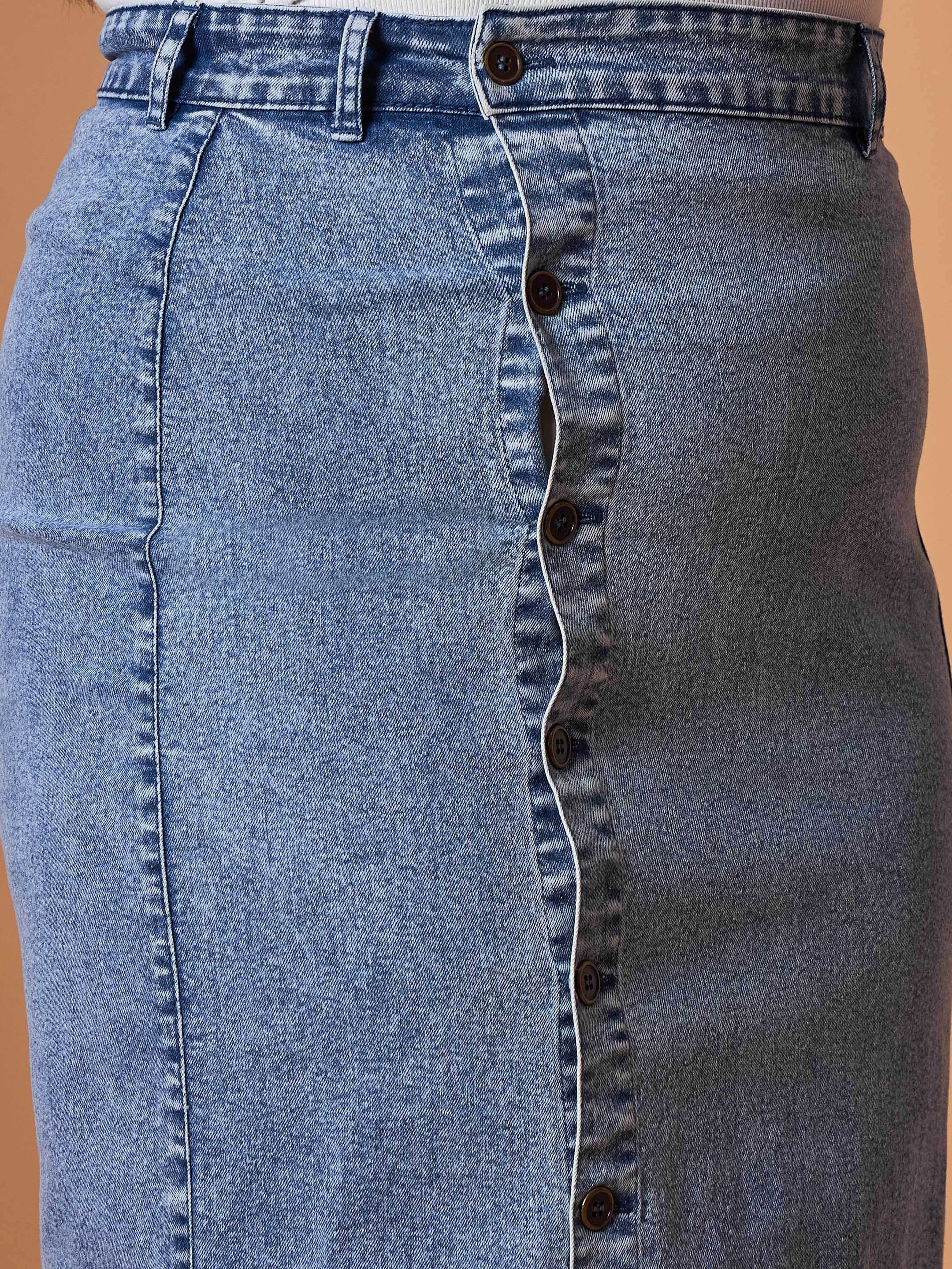 Women Blue Wash Denim Side Button Midi Skirt - Image 4