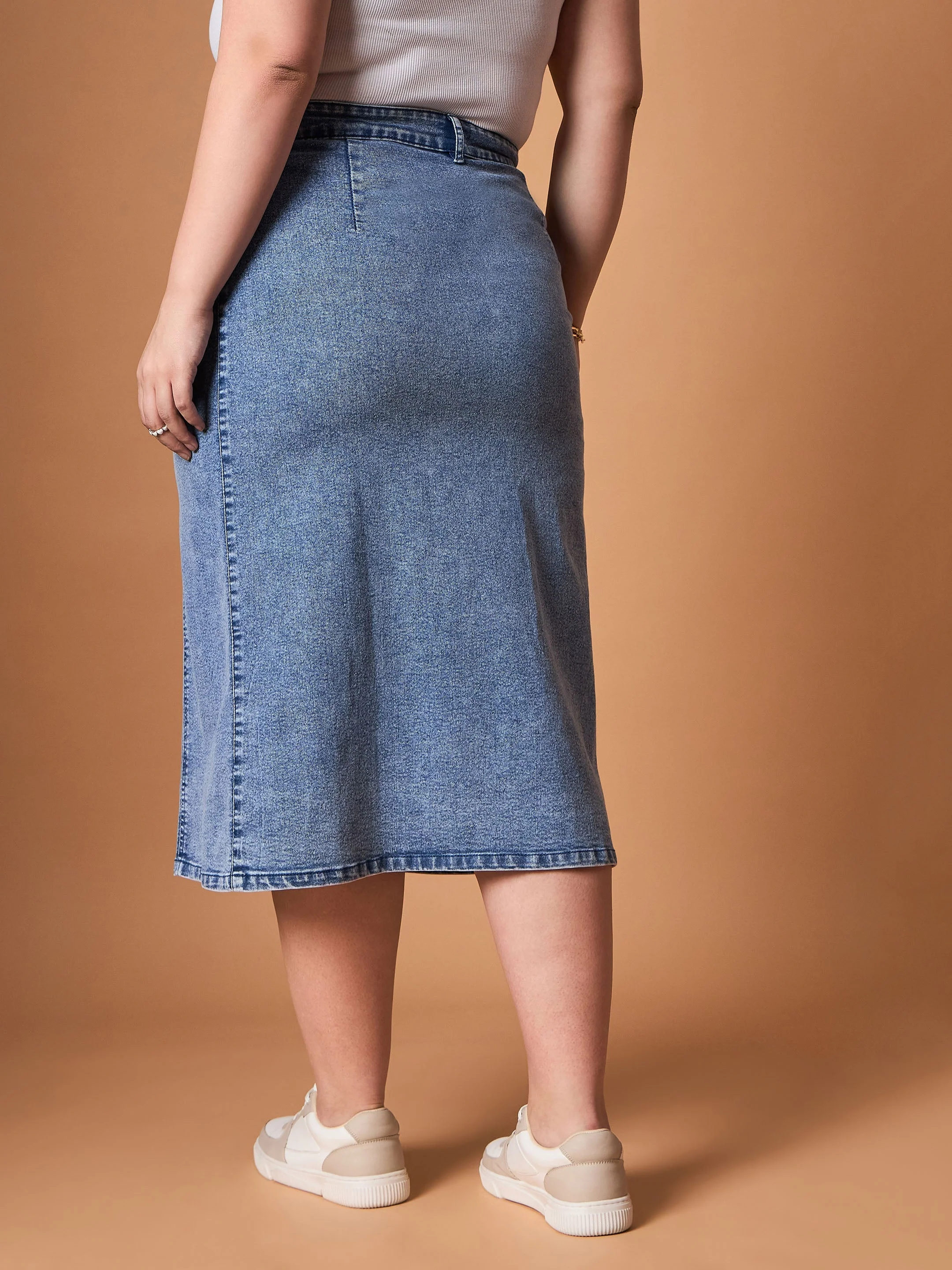 Women Blue Wash Denim Side Button Midi Skirt - Image 5