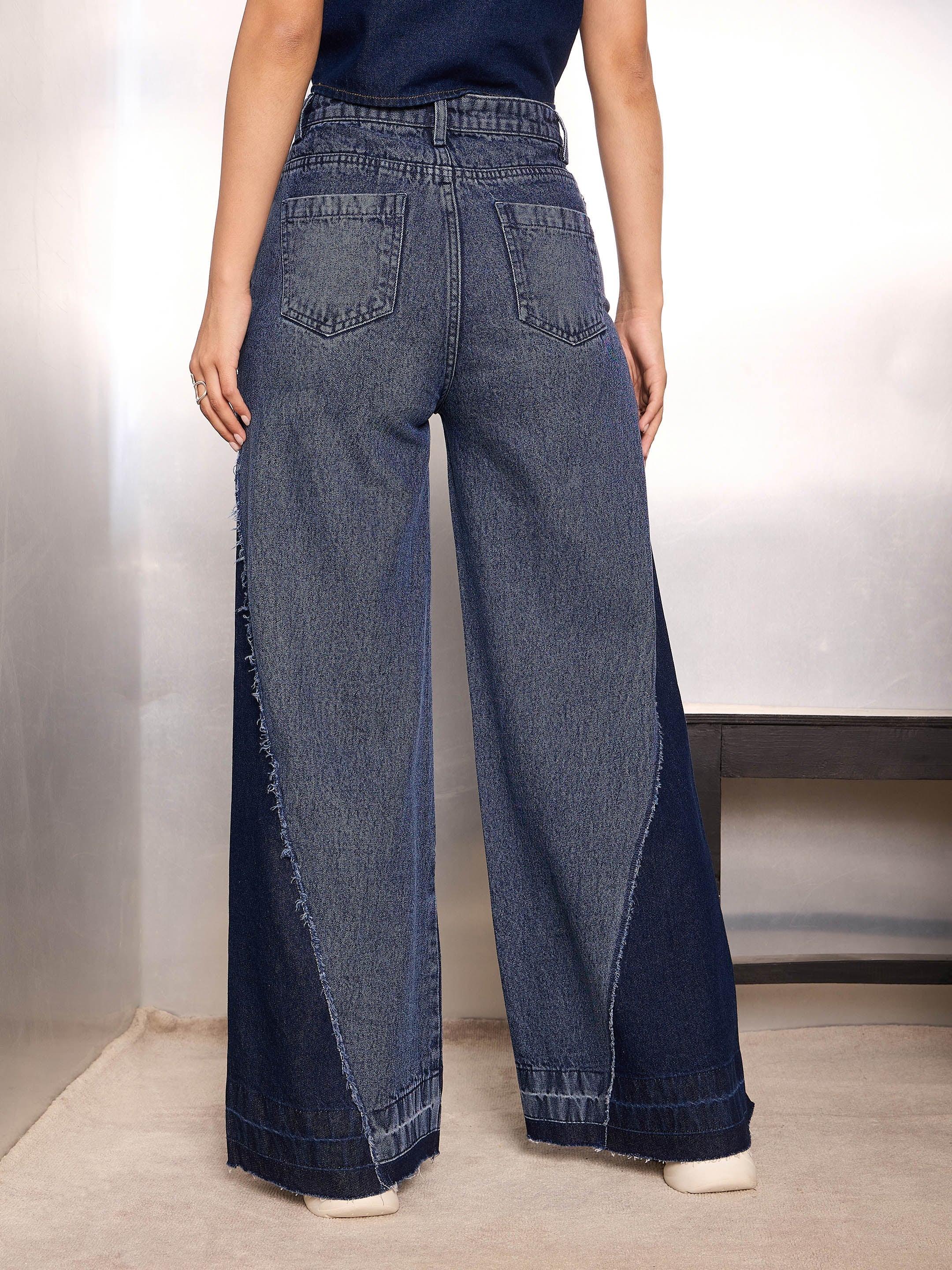 Women Blue Washed ColorBlock Wide Leg Jeans - Image 5
