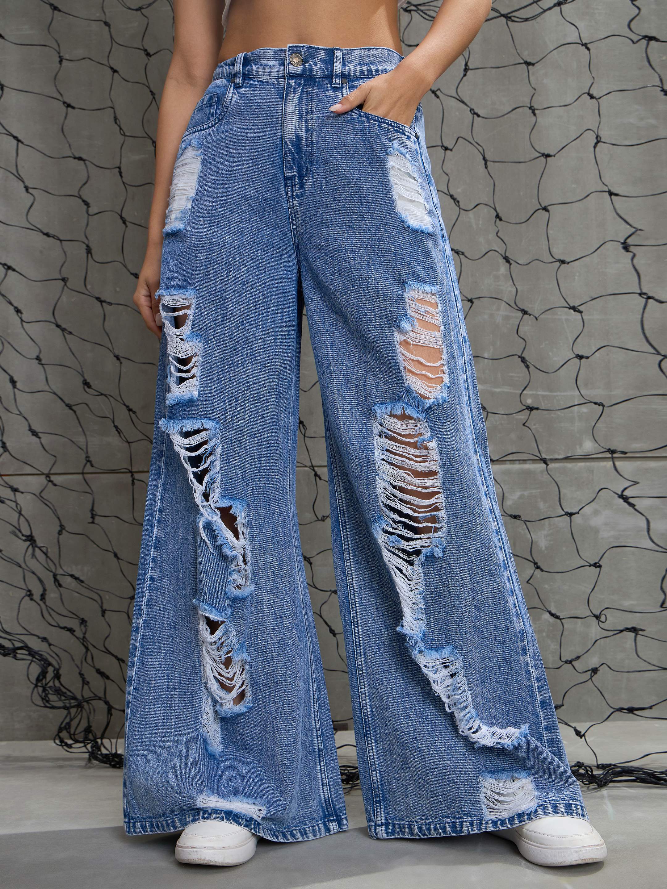 Women Blue Washed Denim Distressed Jeans - Image 2