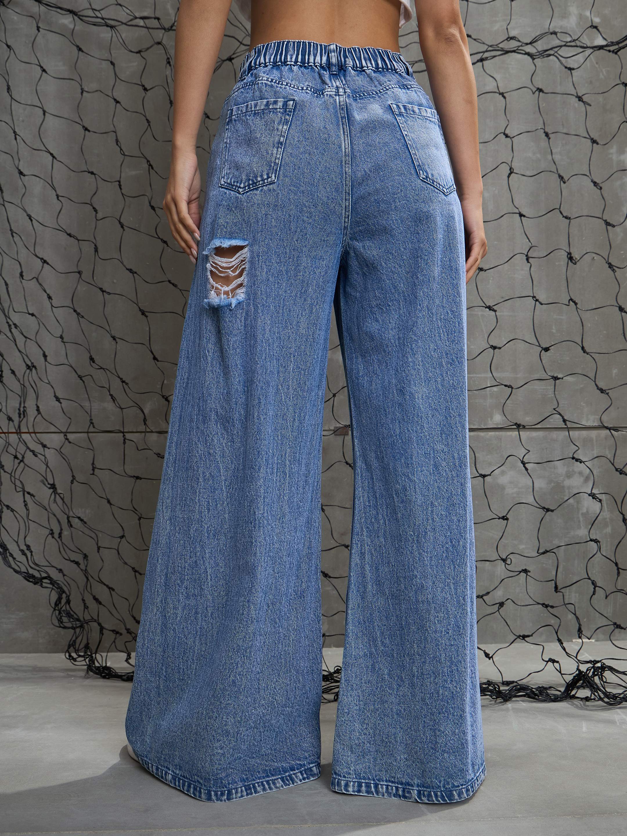 Women Blue Washed Denim Distressed Jeans - Image 6