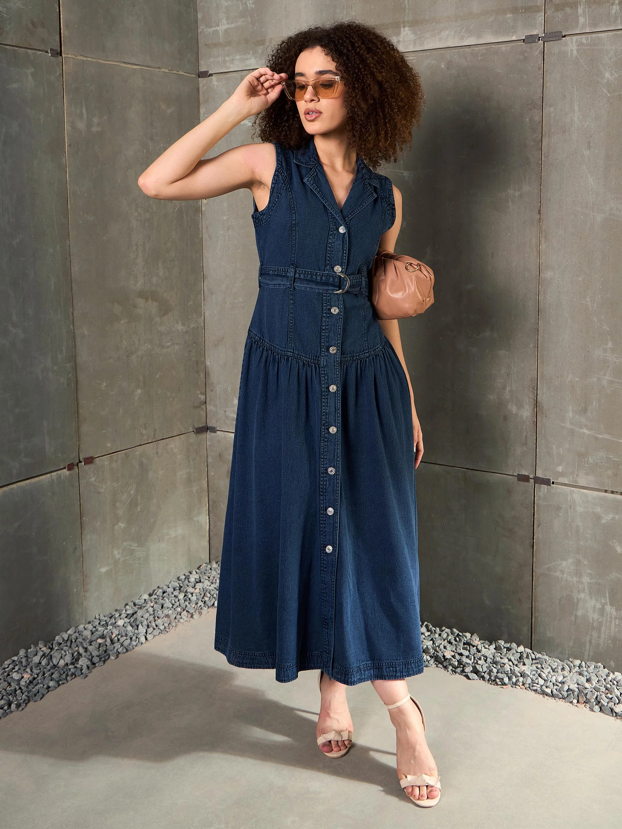 Women Blue Washed Denim Notch Collar Belted Maxi Dress - Image 2