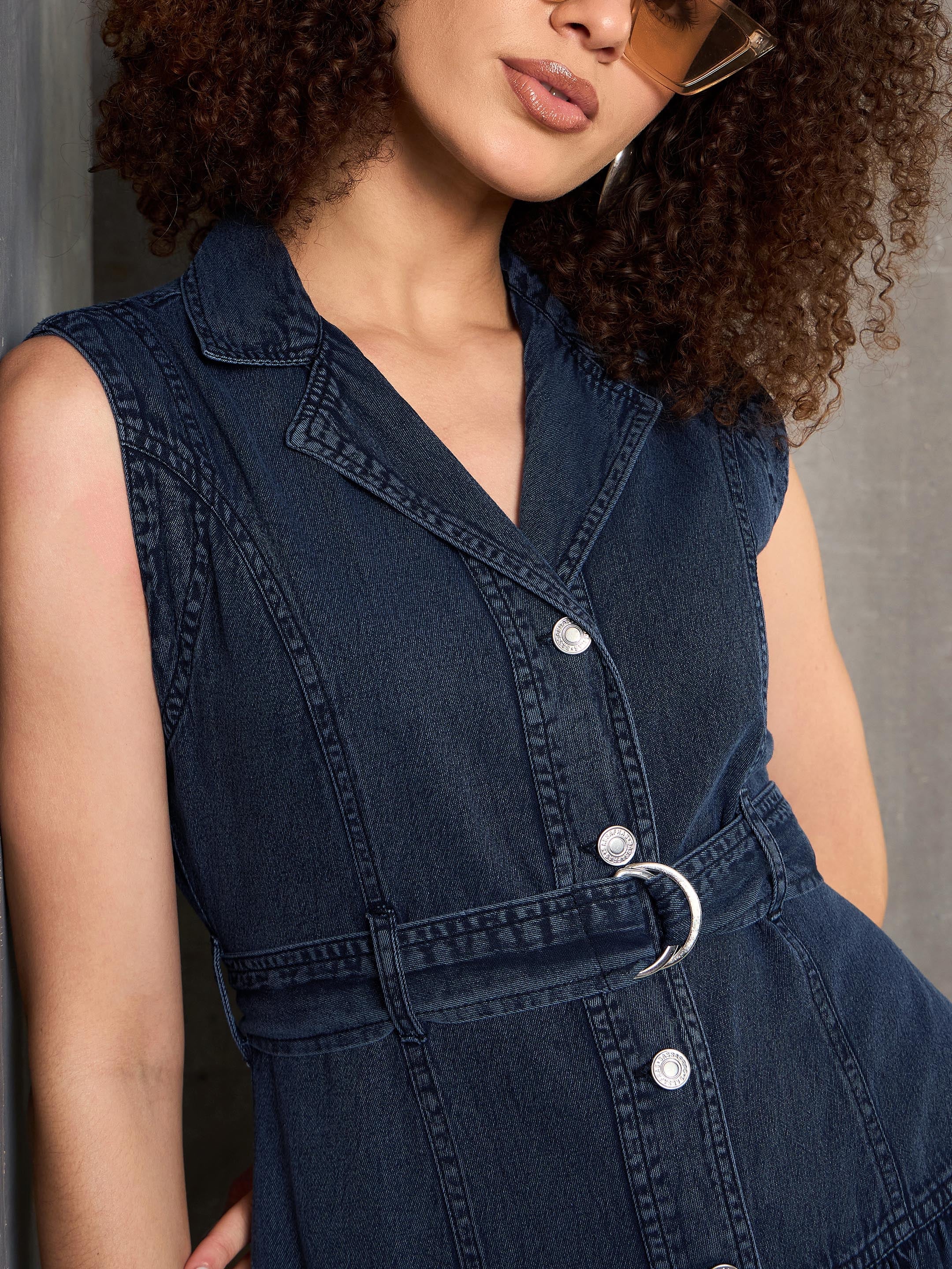 Women Blue Washed Denim Notch Collar Belted Maxi Dress - Image 4