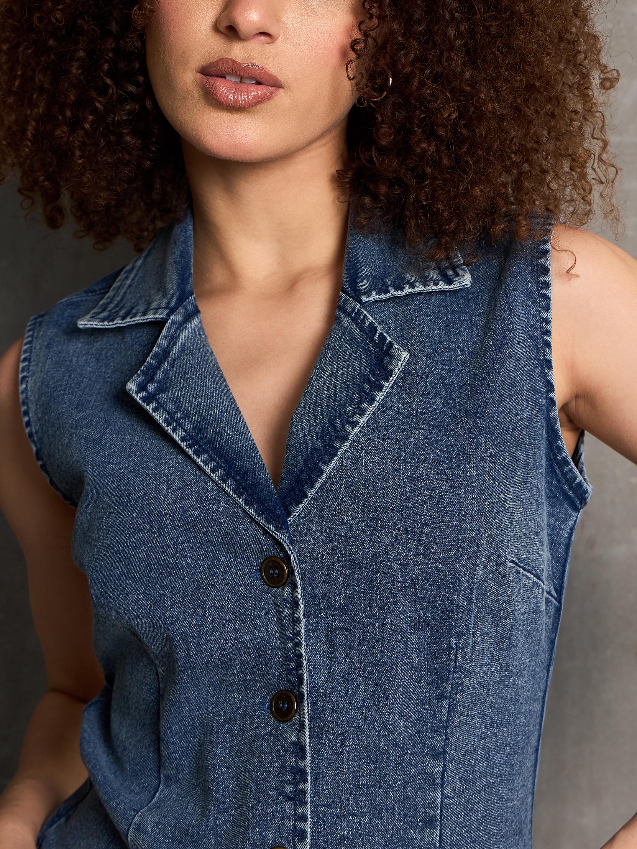 Women Blue Washed Denim Notch Collar Short Dress - Image 4