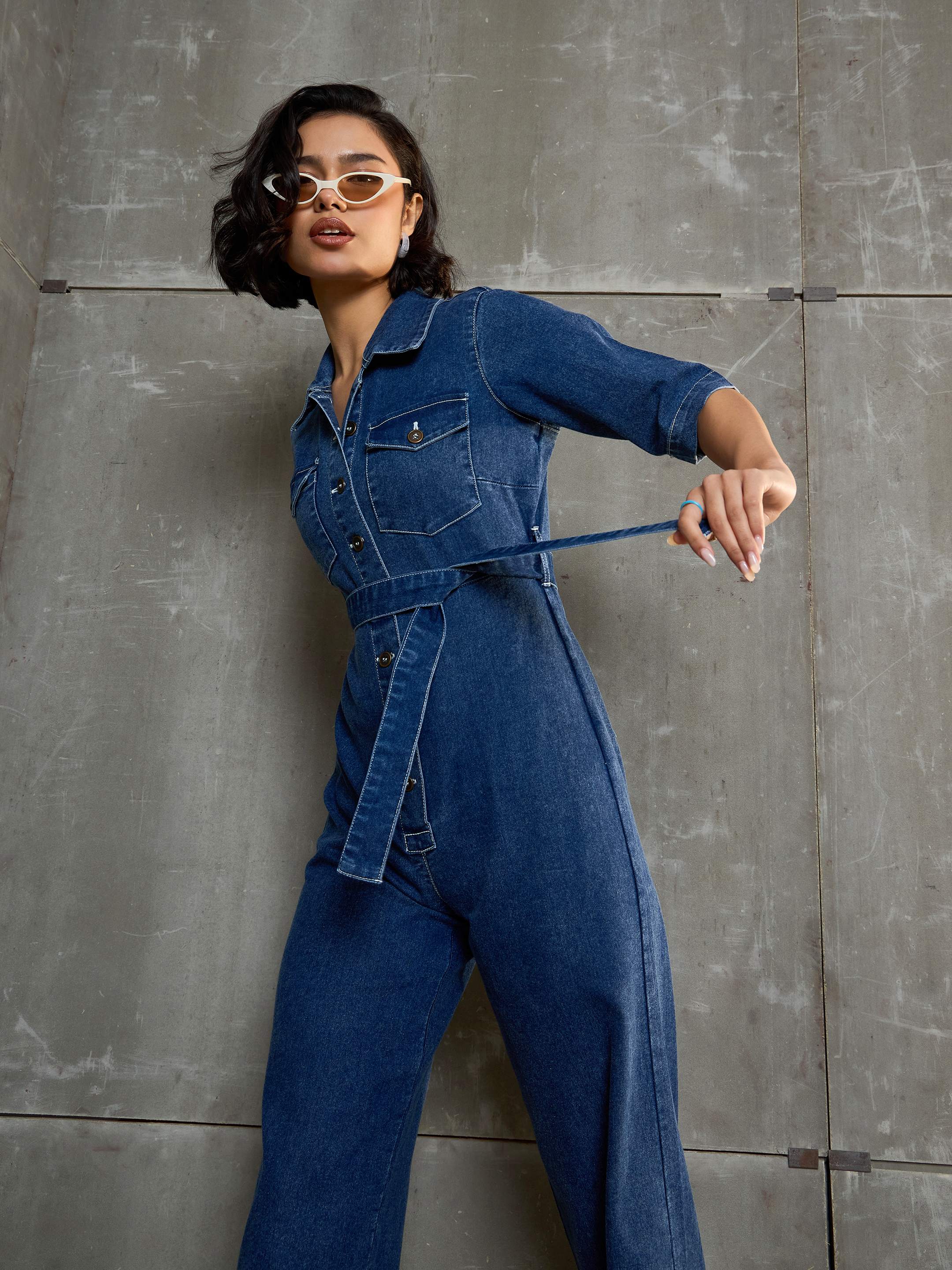 Women Blue Washed Denim Short Sleeve Jumpsuit - Image 2