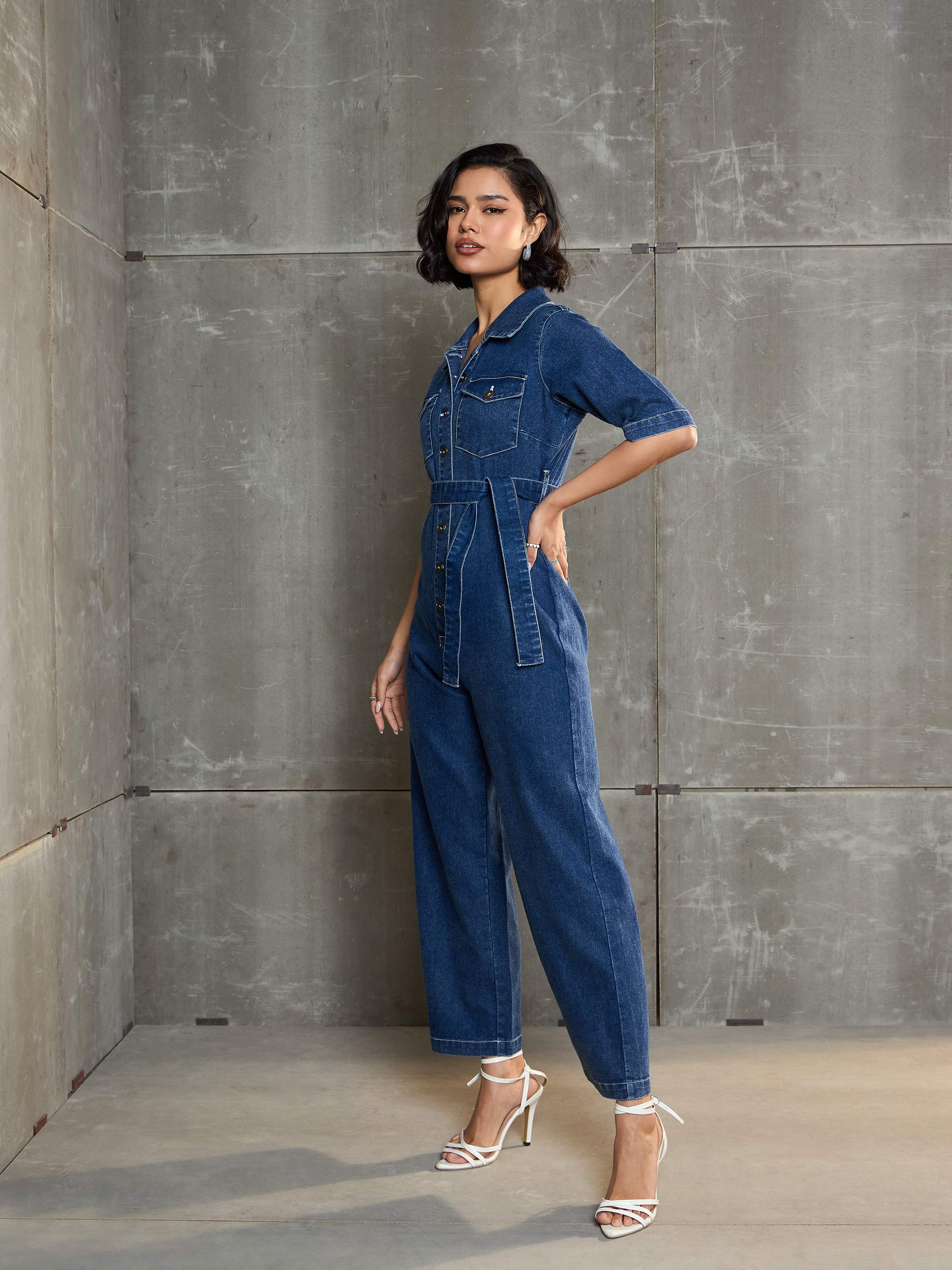 Women Blue Washed Denim Short Sleeve Jumpsuit - Image 3