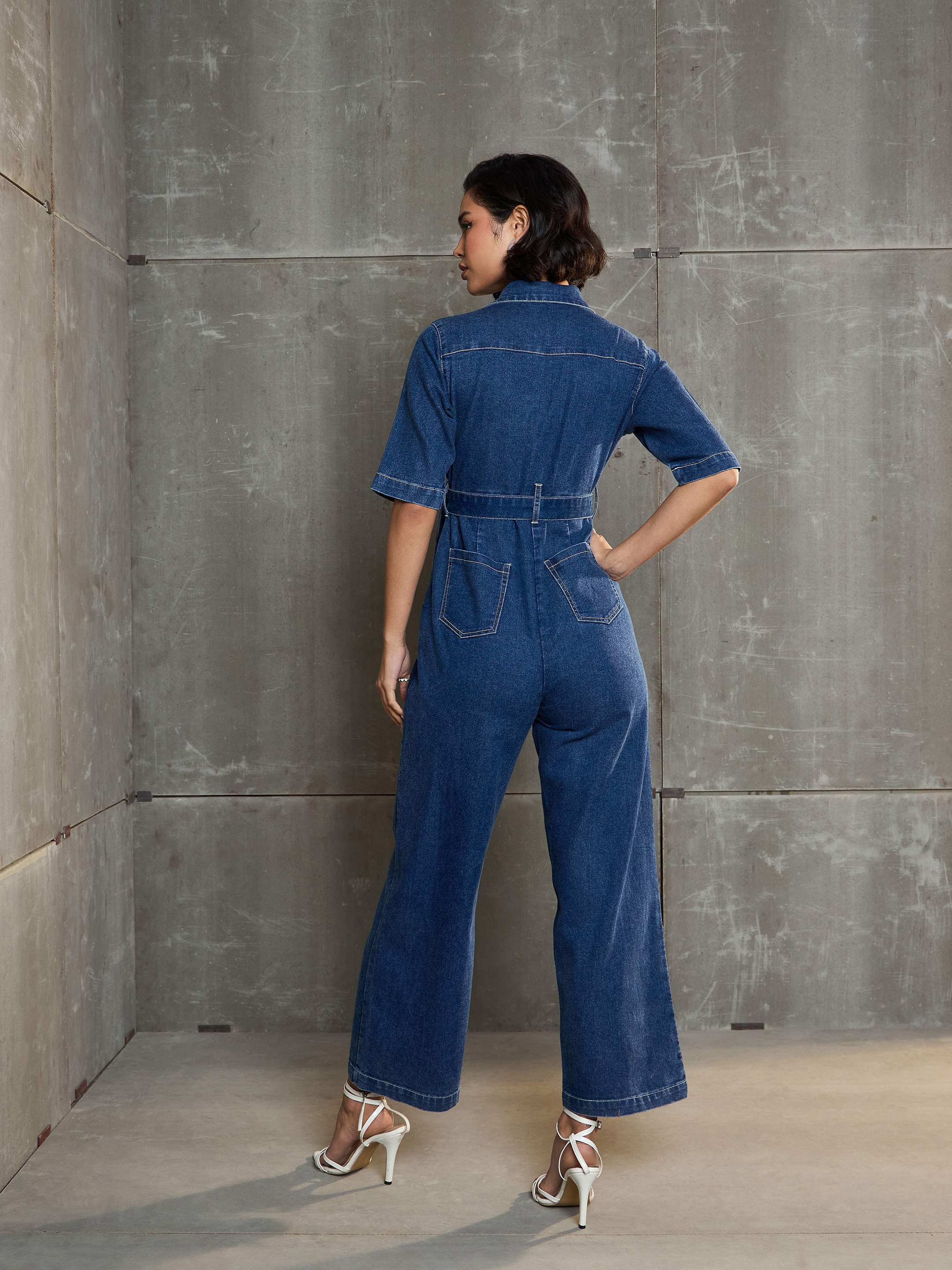 Women Blue Washed Denim Short Sleeve Jumpsuit - Image 5
