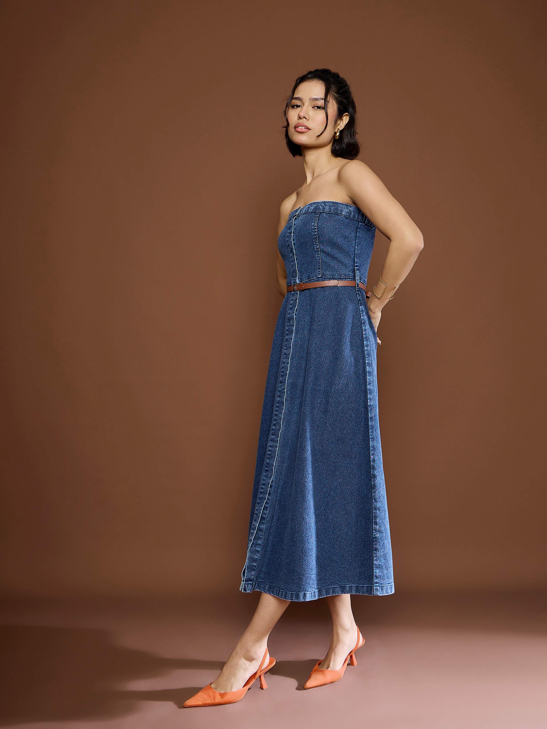 Women Blue Washed Denim Tube Dress - Image 3