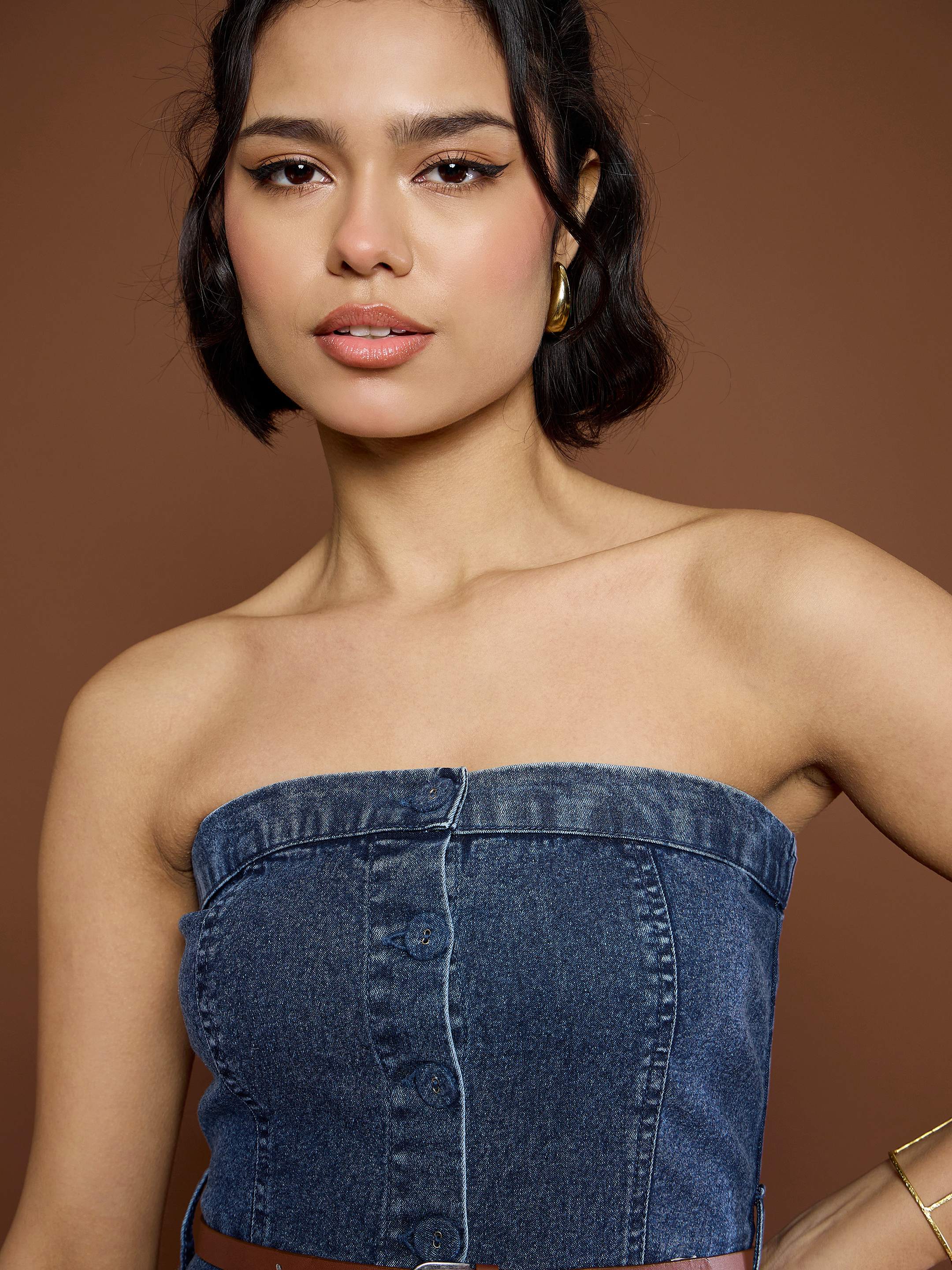 Women Blue Washed Denim Tube Dress - Image 4