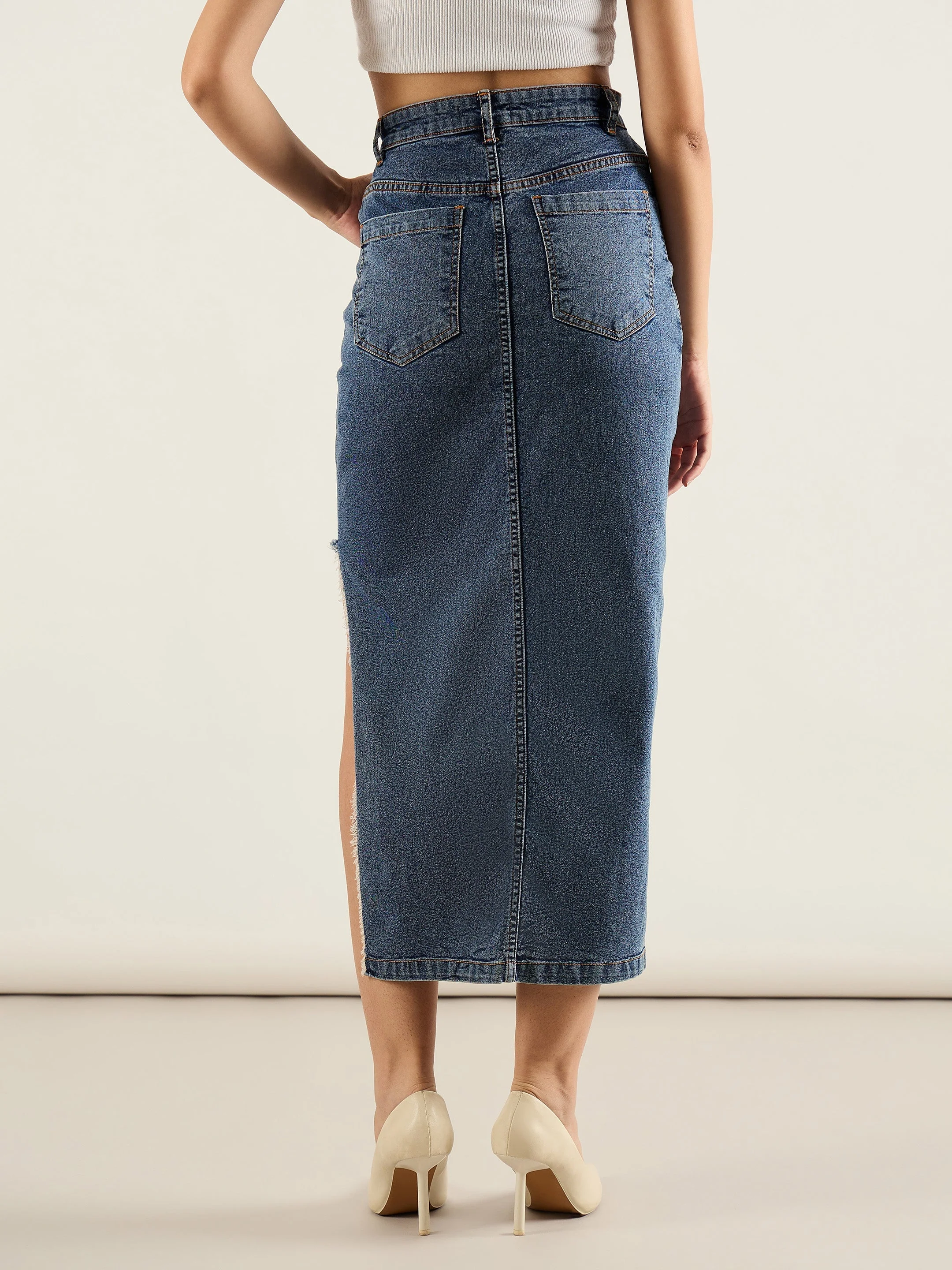 Women Blue Washed Front Slit Straight Fit Skirt - Image 5