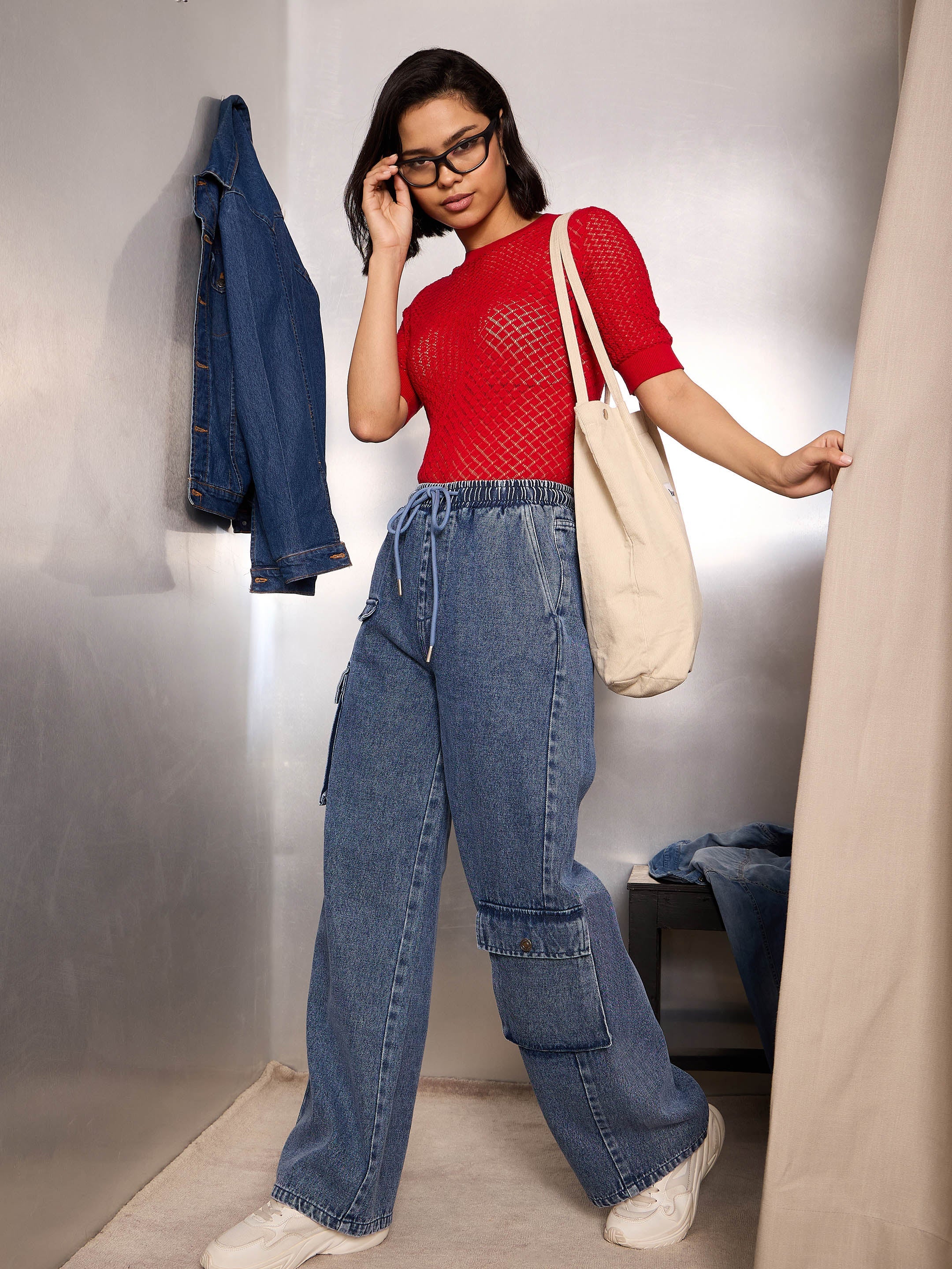 Women Blue Washed High Rise Drawstring Jeans - Image 2
