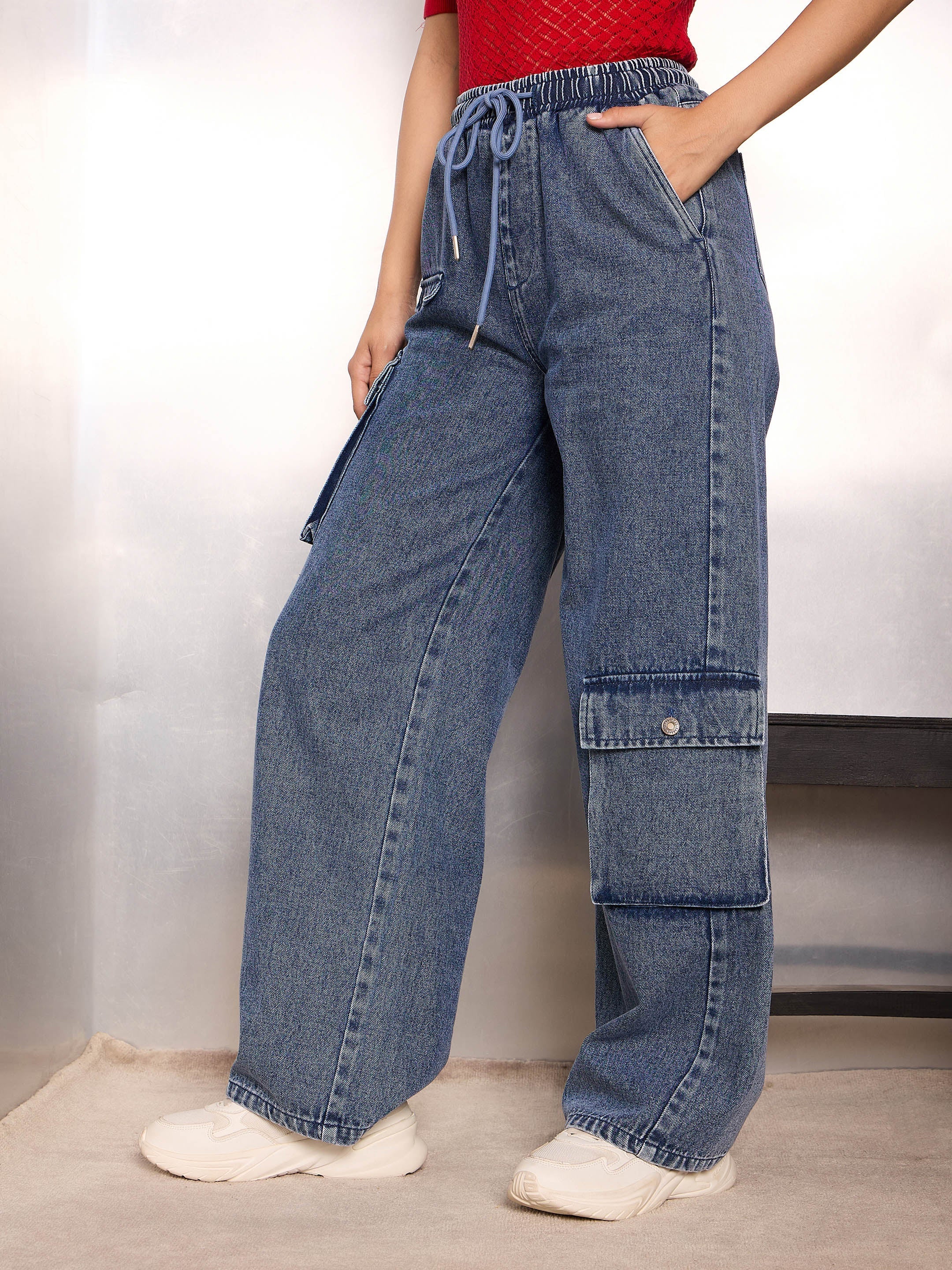 Women Blue Washed High Rise Drawstring Jeans - Image 3