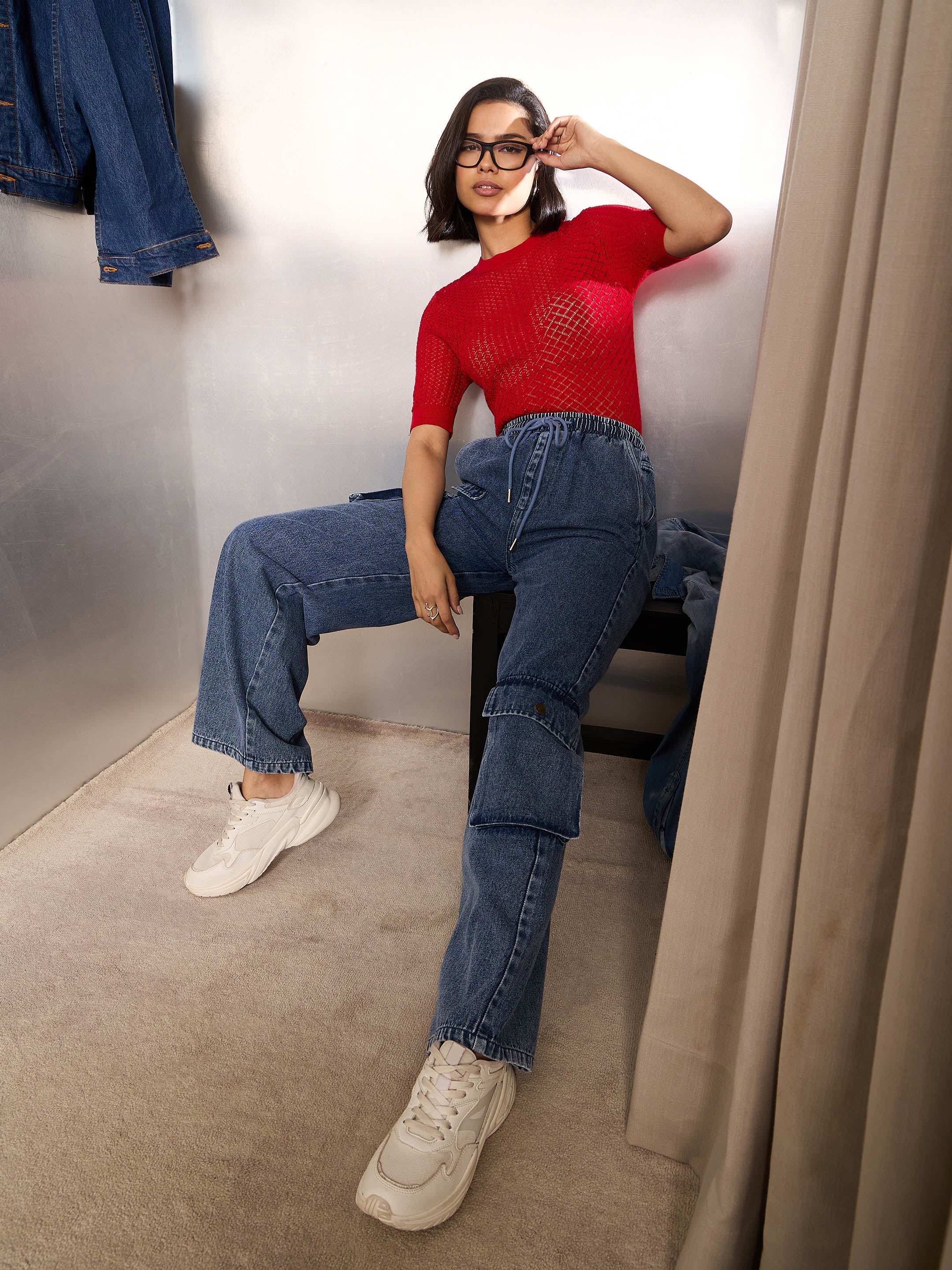 Women Blue Washed High Rise Drawstring Jeans - Image 6