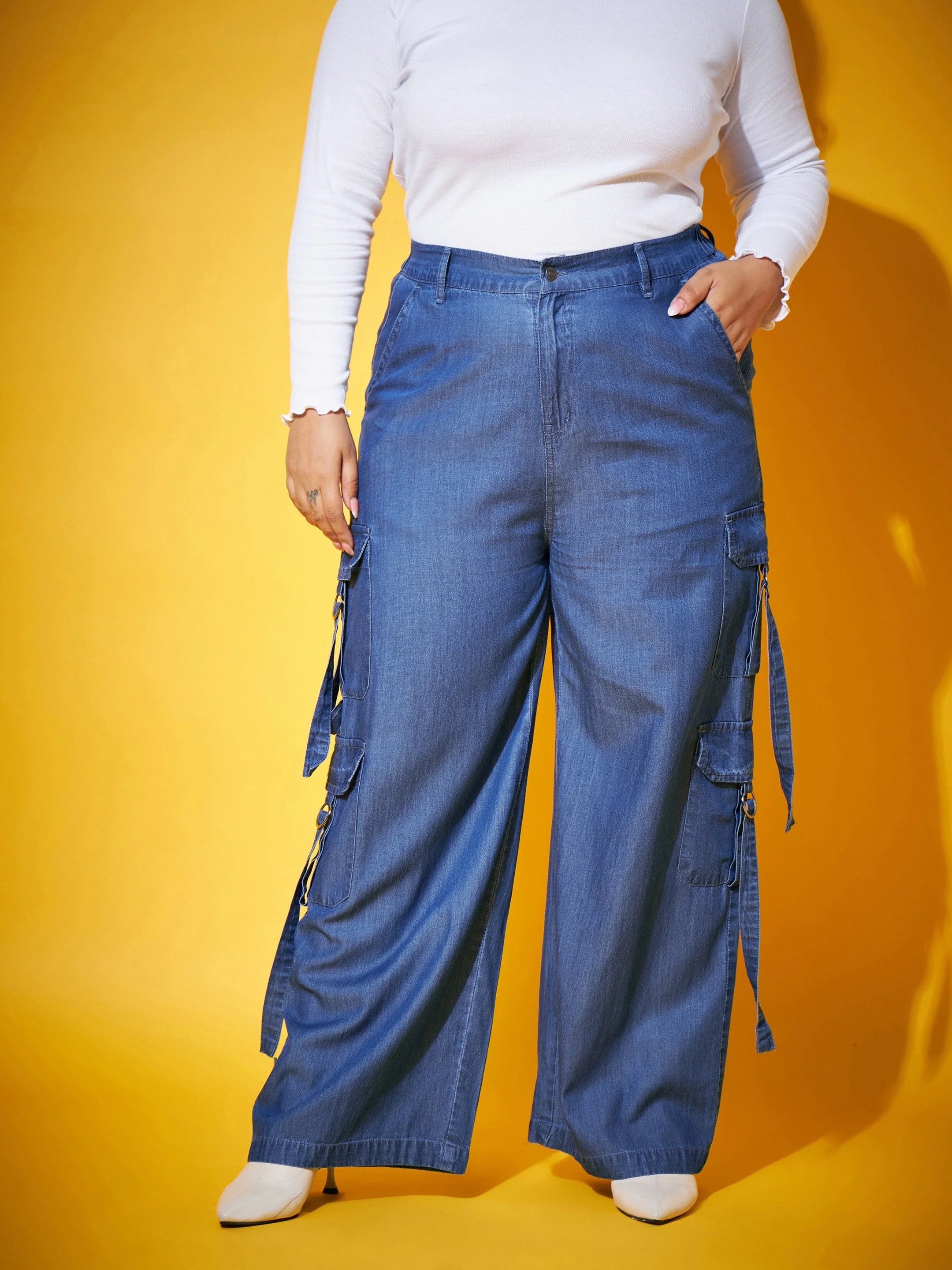 Women Blue Washed Tencel Pocket Cargo Pants - Image 2