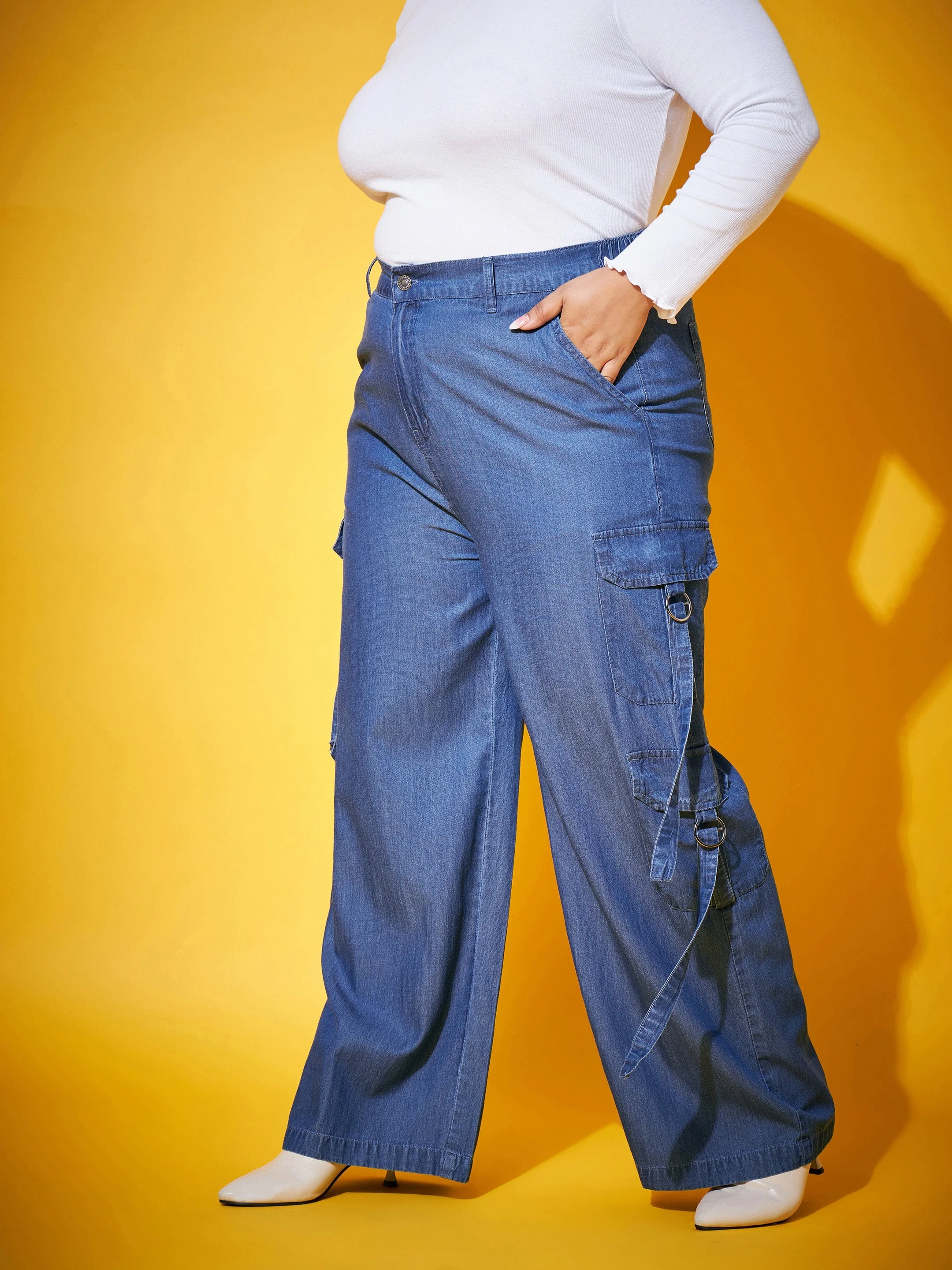 Women Blue Washed Tencel Pocket Cargo Pants - Image 3