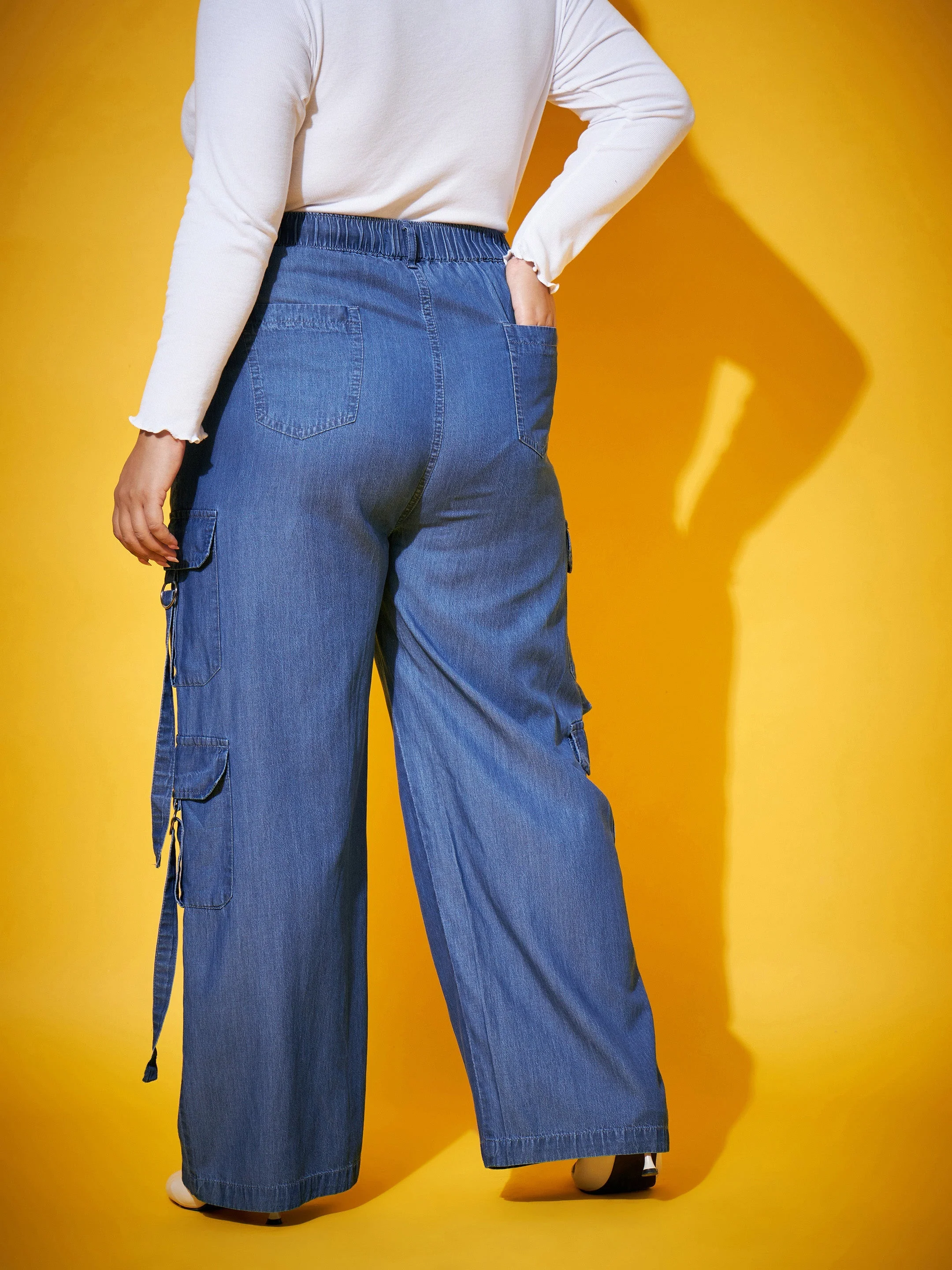 Women Blue Washed Tencel Pocket Cargo Pants - Image 5