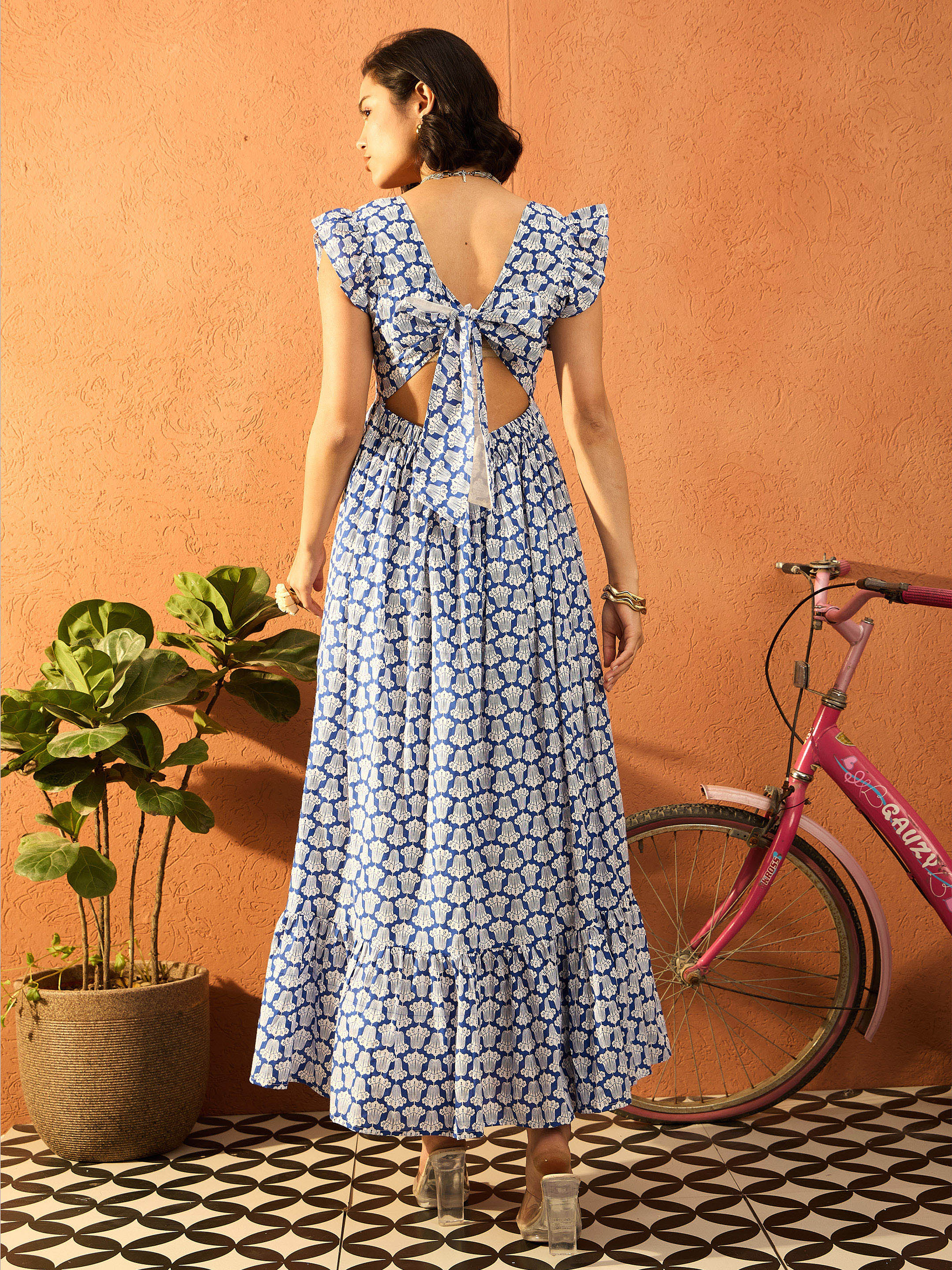 Women Blue & White Floral Back Knot Maxi Dress - Image 2