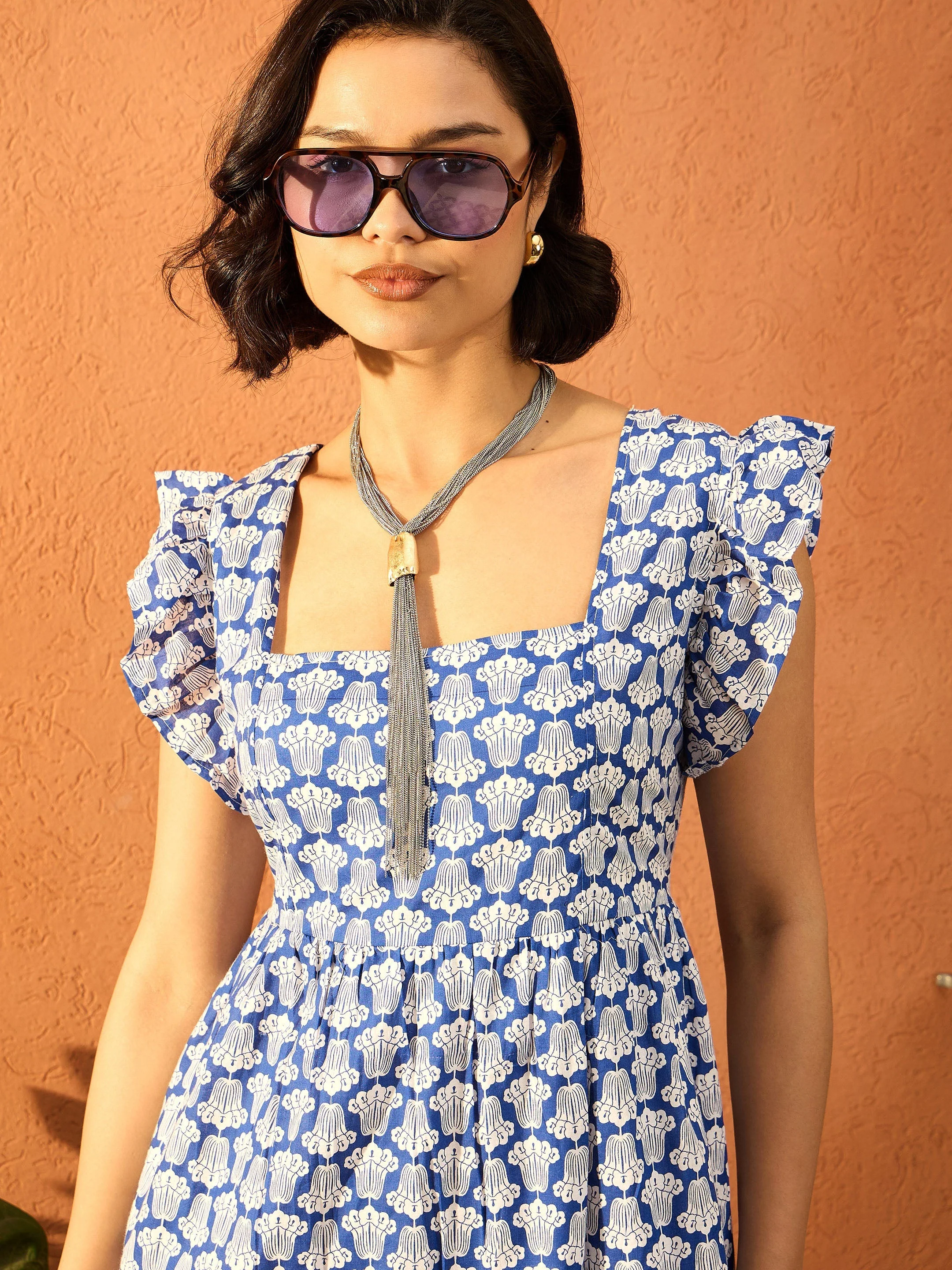 Women Blue & White Floral Back Knot Maxi Dress - Image 3