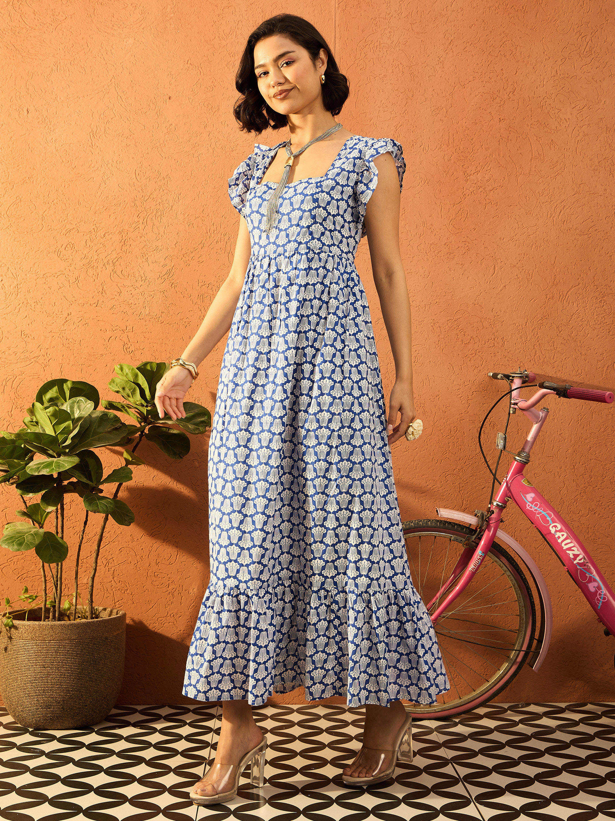 Women Blue & White Floral Back Knot Maxi Dress - Image 5