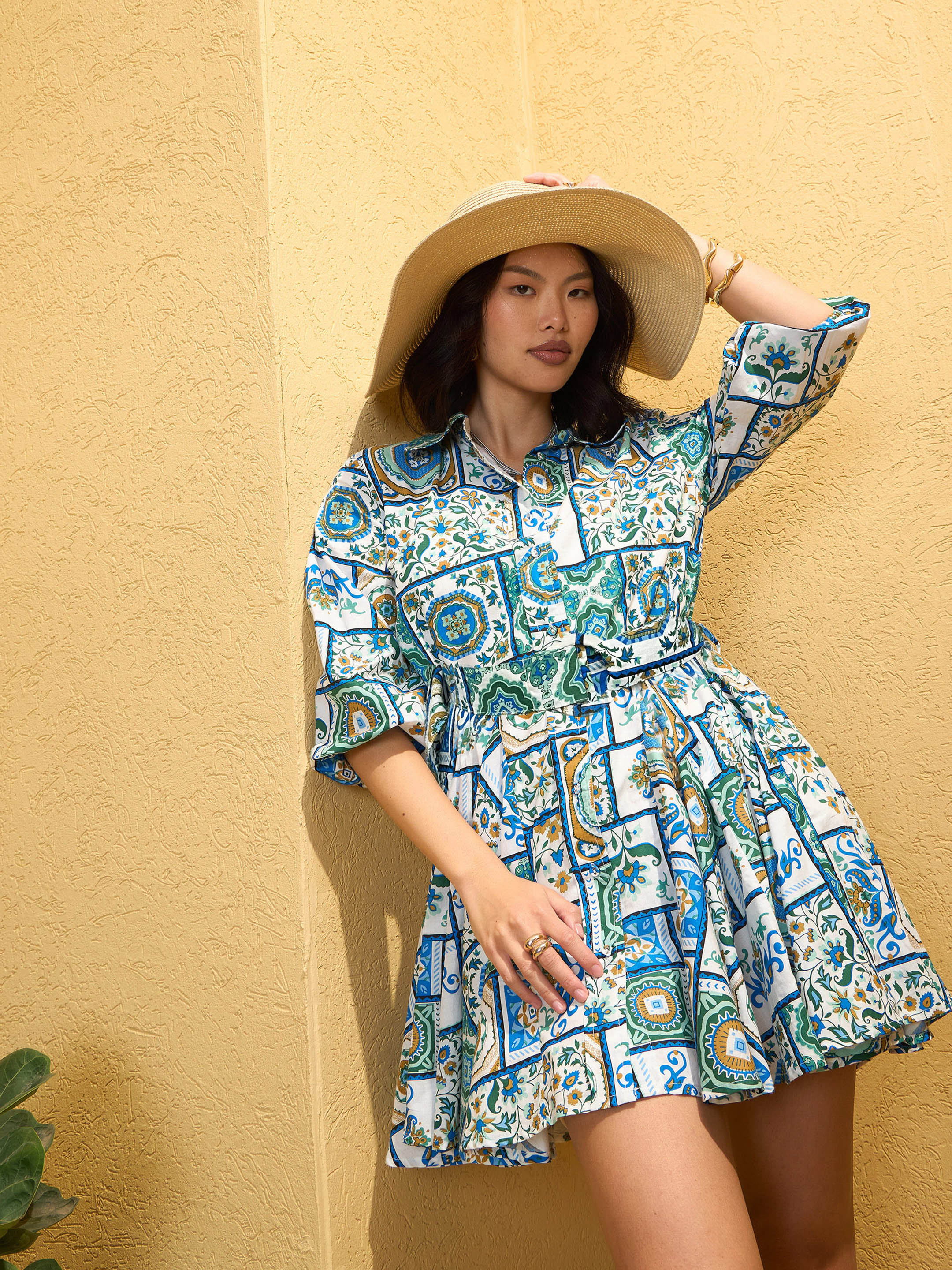 Women Blue & White Floral Flared Short Belt Shirt Dress - Image 5
