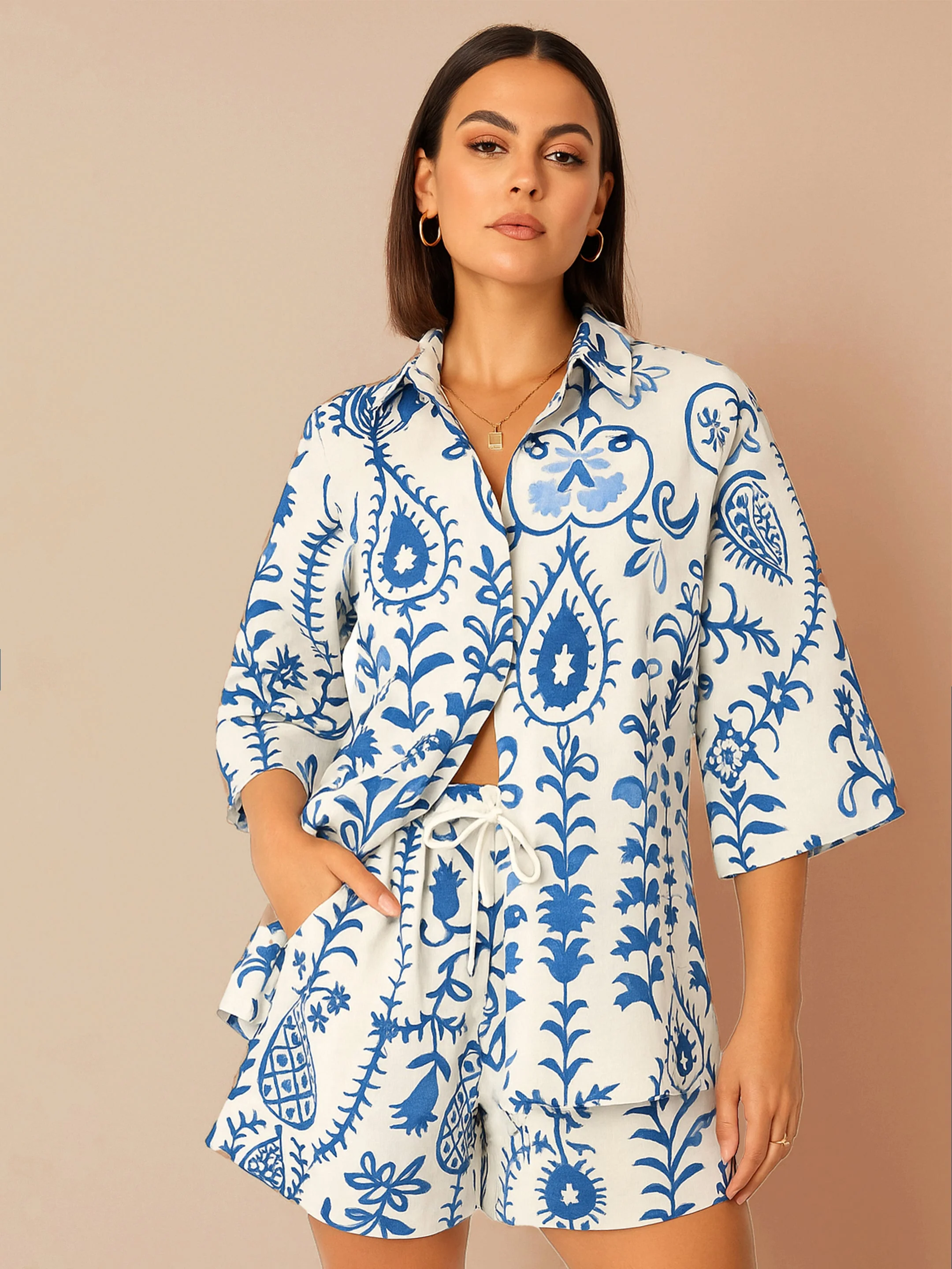 Women Blue & White Floral Oversized Shirt With Shorts - Image 4