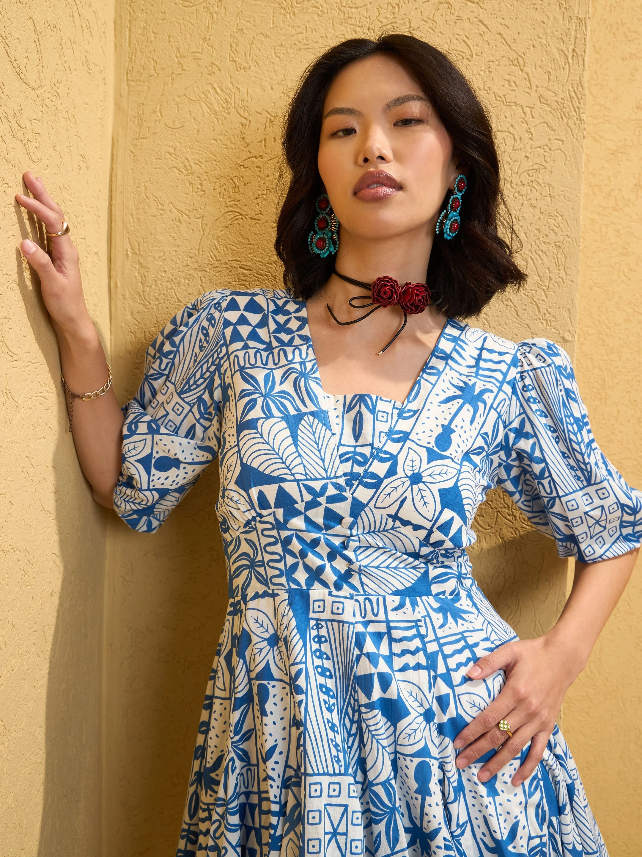 Women Blue & White Floral Smocked Short Flared Dress - Image 2