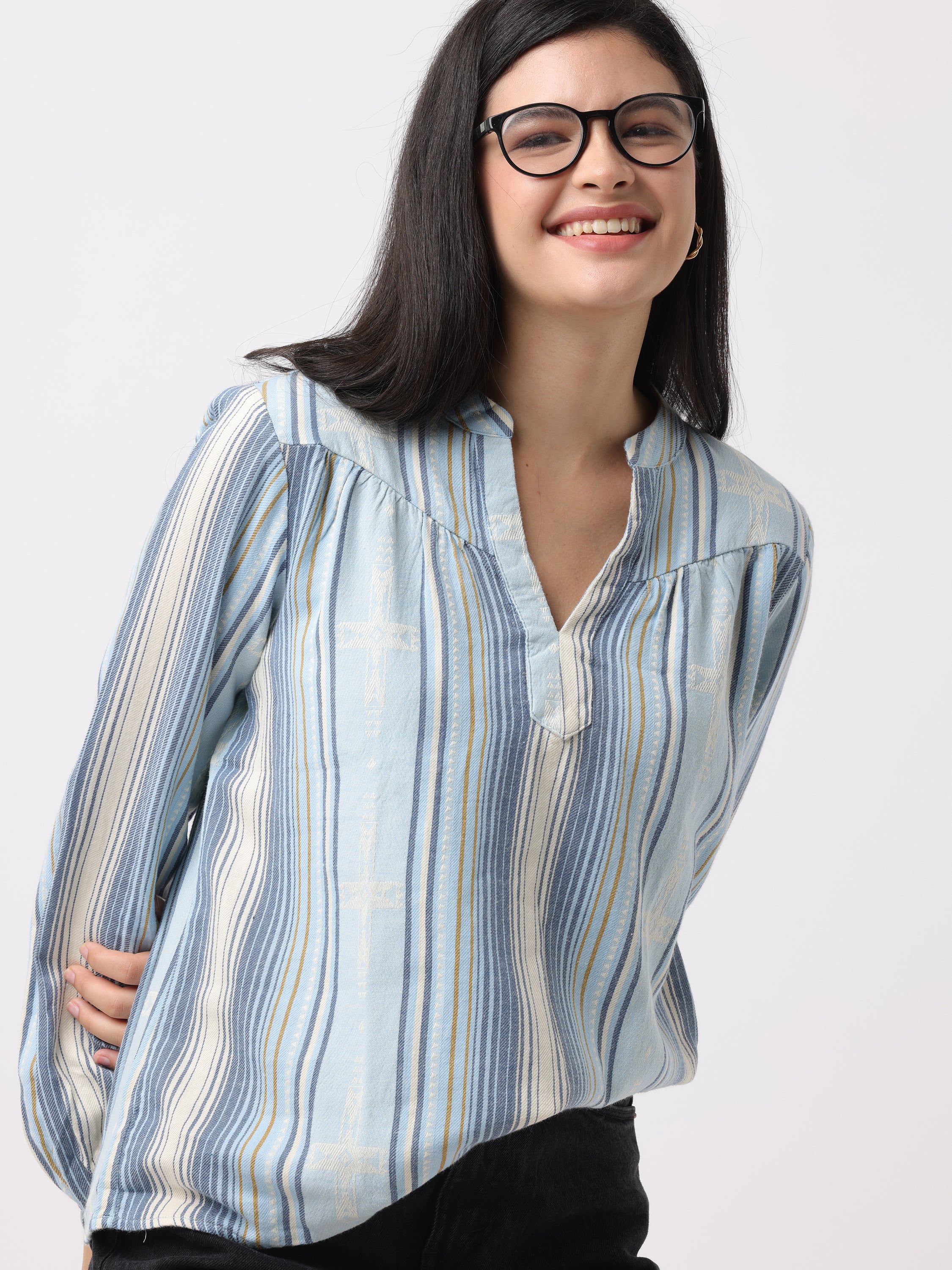 Women Blue & White Mandarin collar Top - Image 2