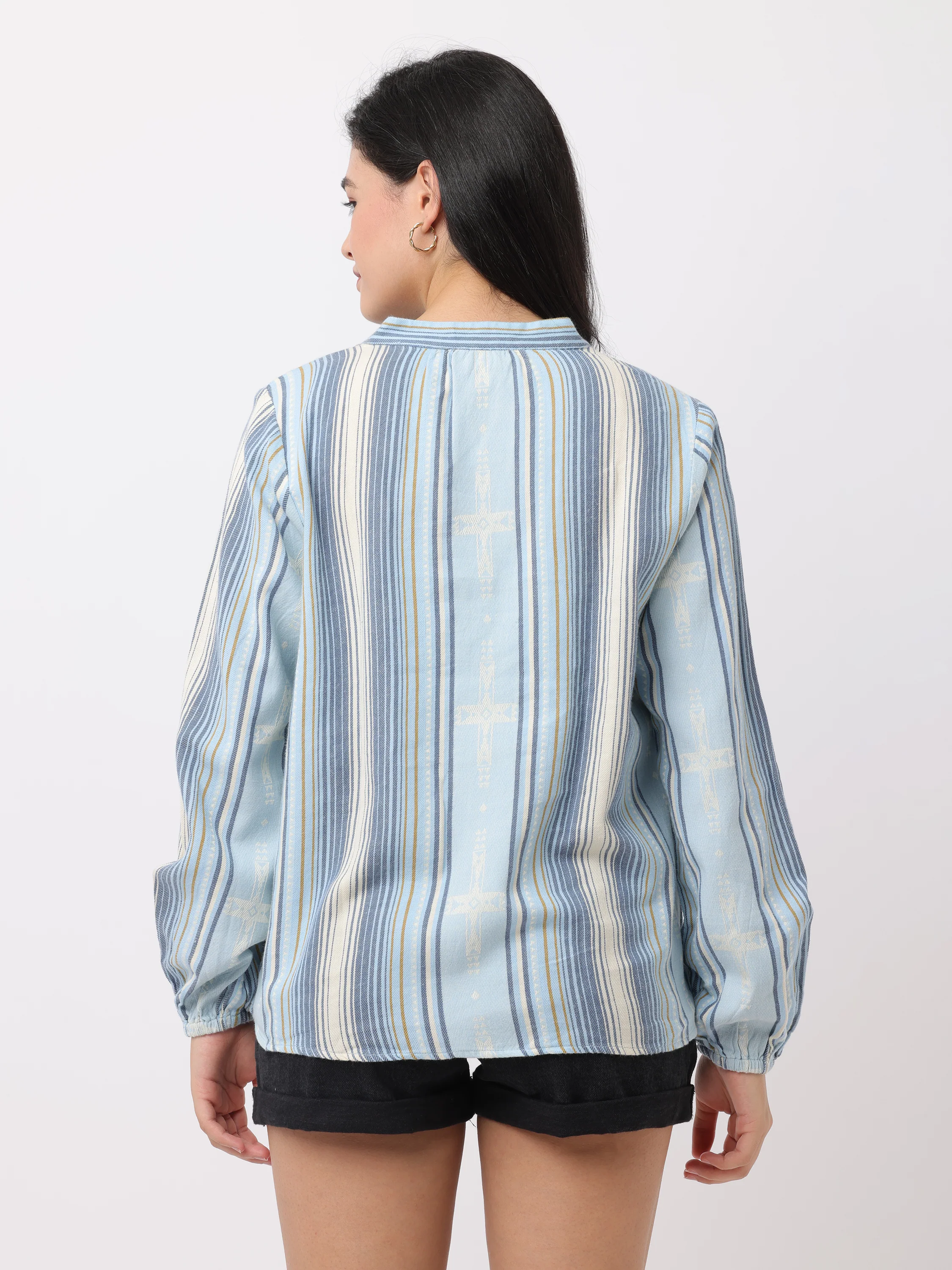 Women Blue & White Mandarin collar Top - Image 3