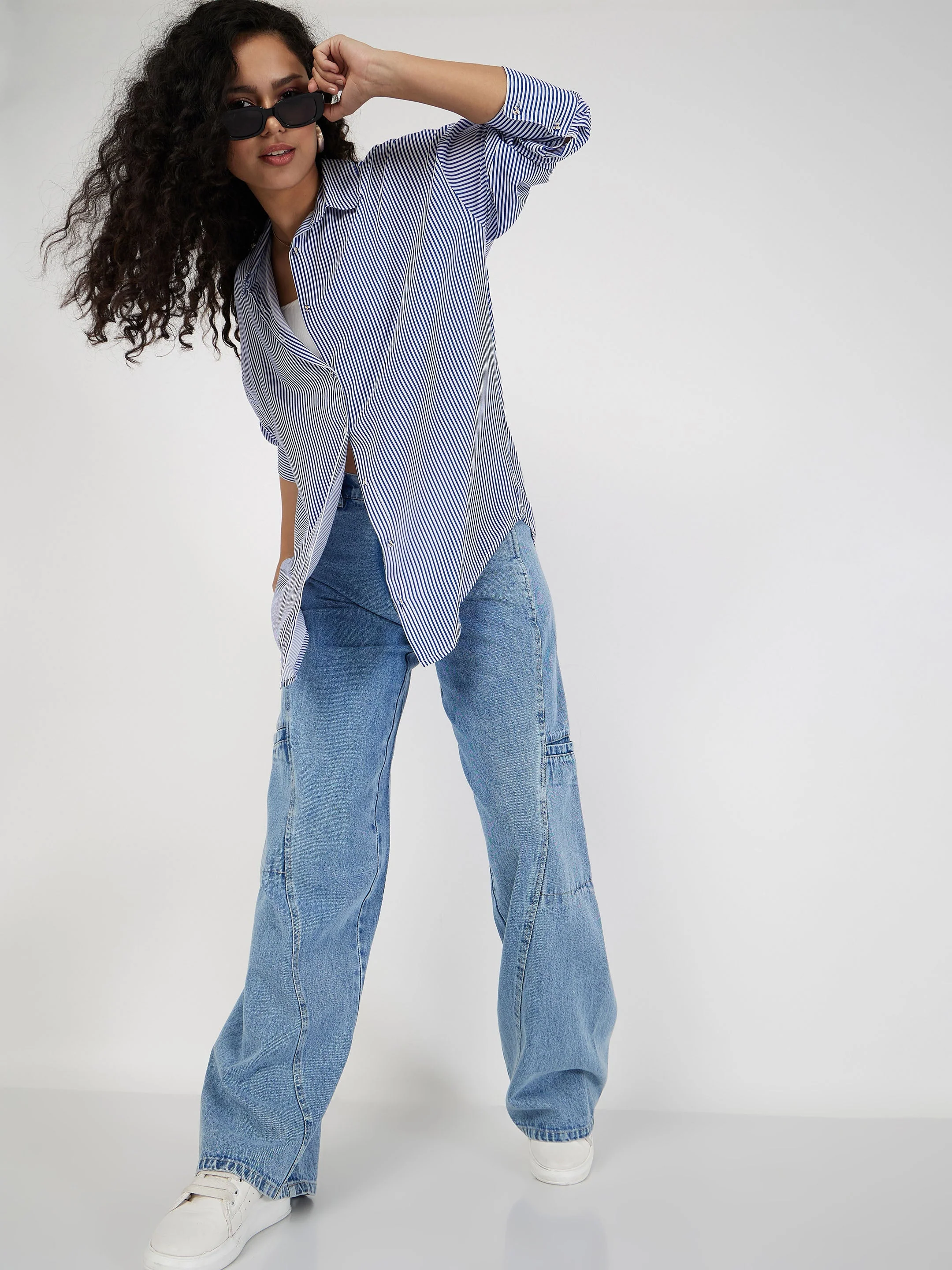 Women Blue & White Pinstriped Oversized Shirt - Image 2