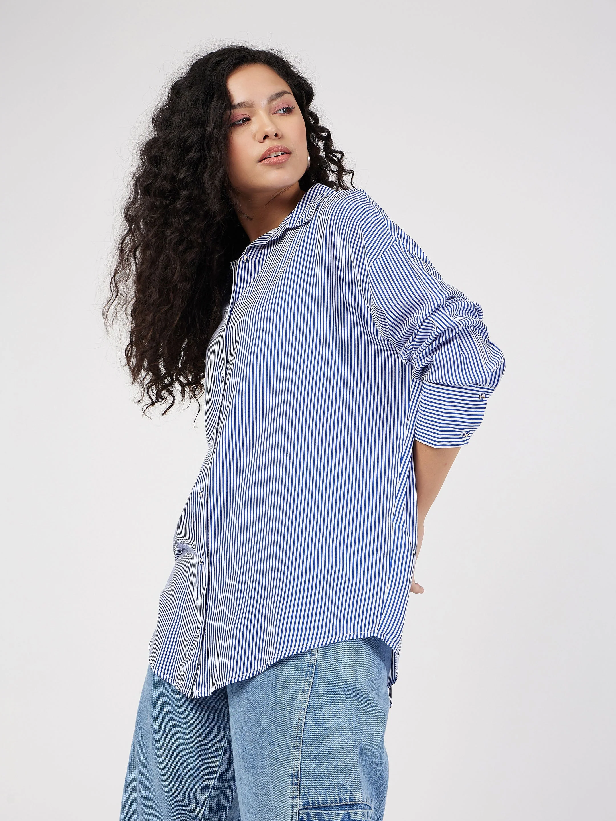 Women Blue & White Pinstriped Oversized Shirt - Image 3