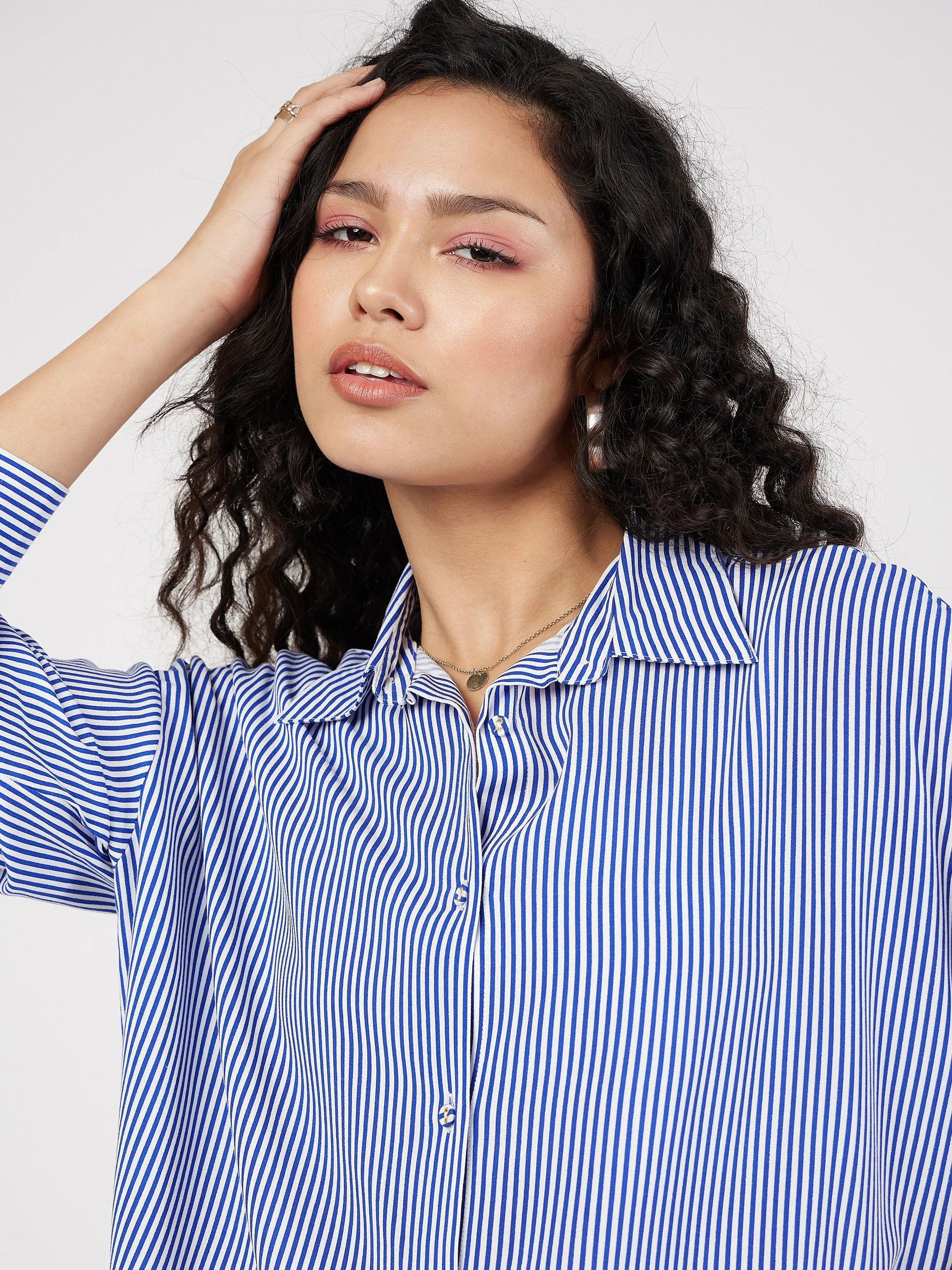 Women Blue & White Pinstriped Oversized Shirt - Image 4