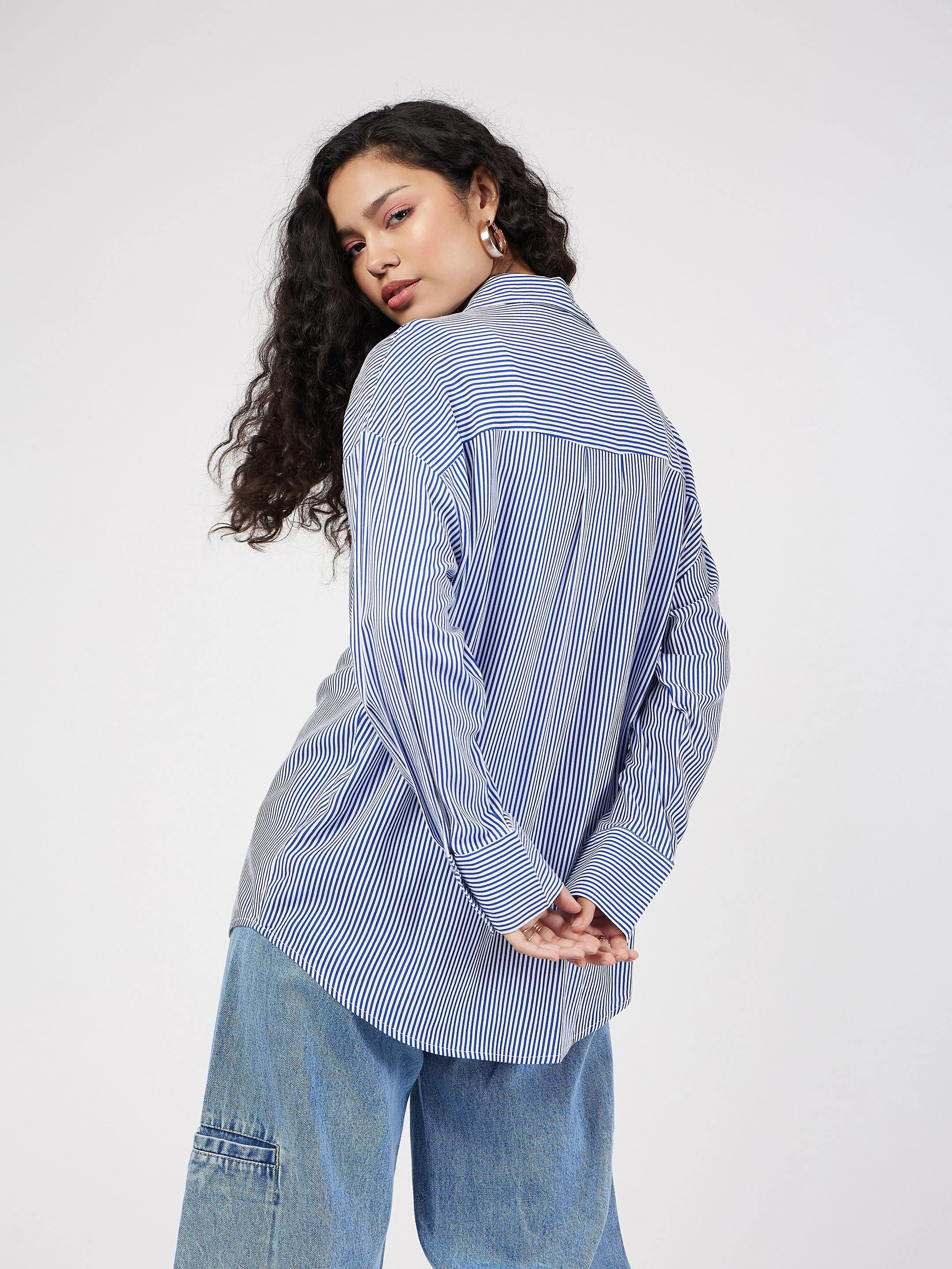 Women Blue & White Pinstriped Oversized Shirt - Image 5