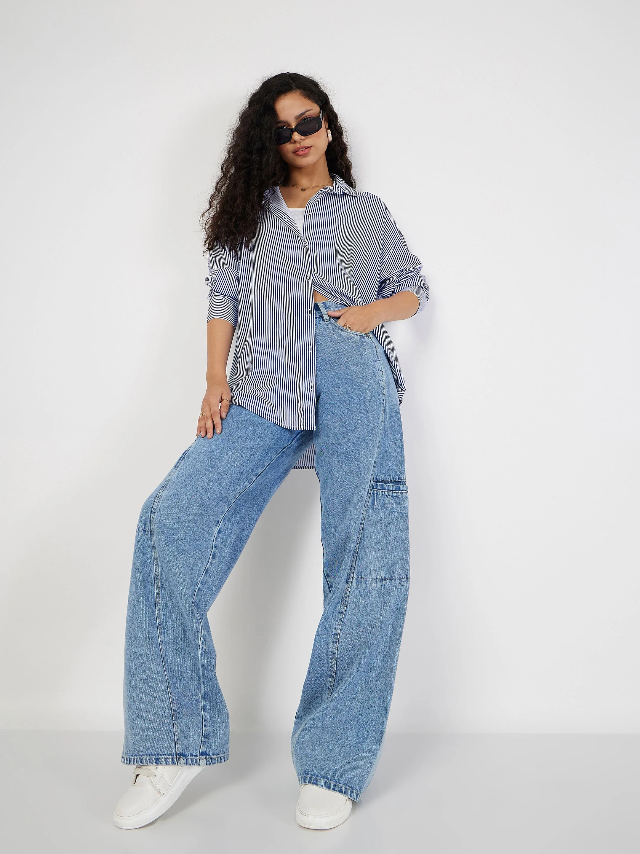 Women Blue & White Pinstriped Oversized Shirt - Image 6