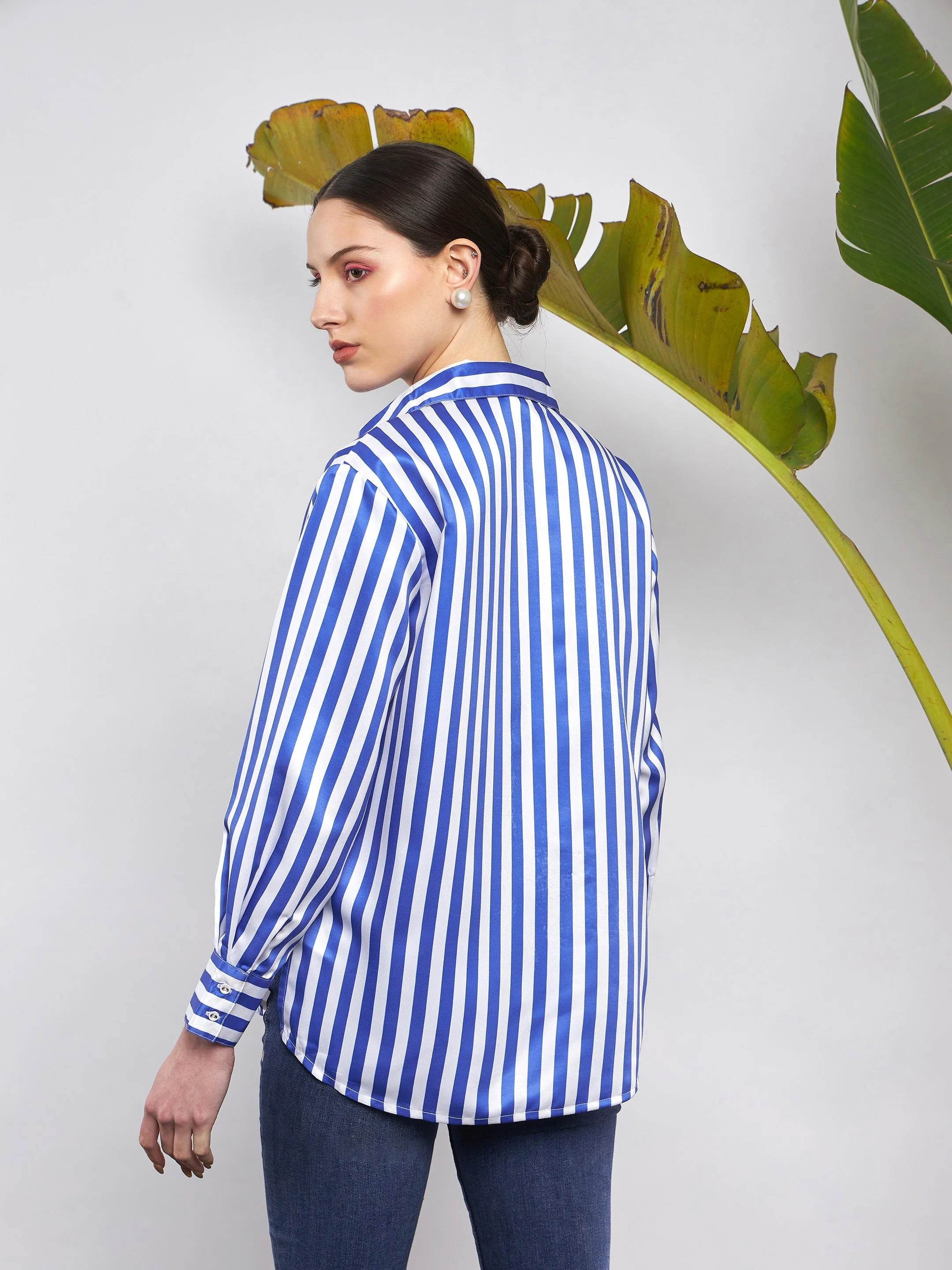 Women Blue & White Satin Striped Shirt - Image 2