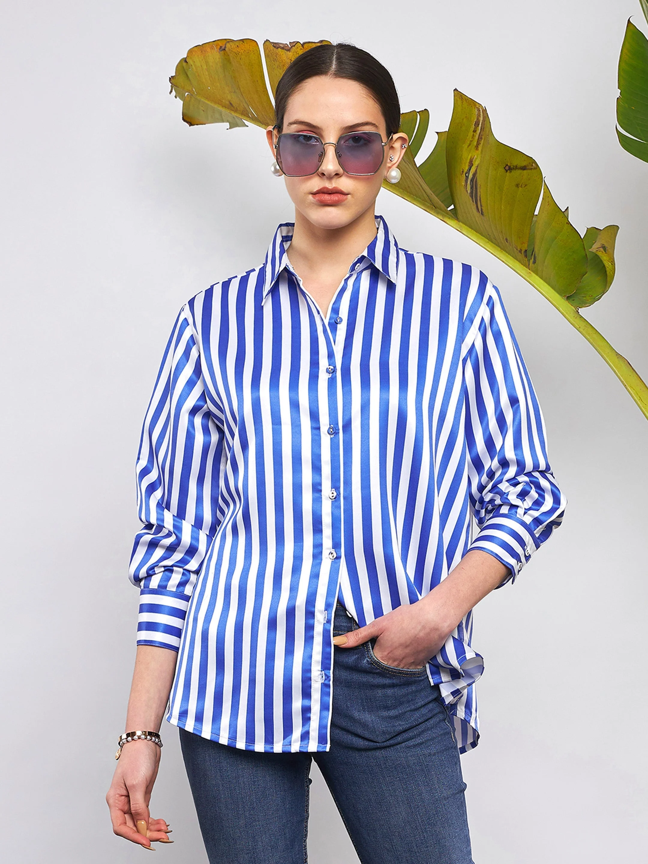 Women Blue & White Satin Striped Shirt - Image 3