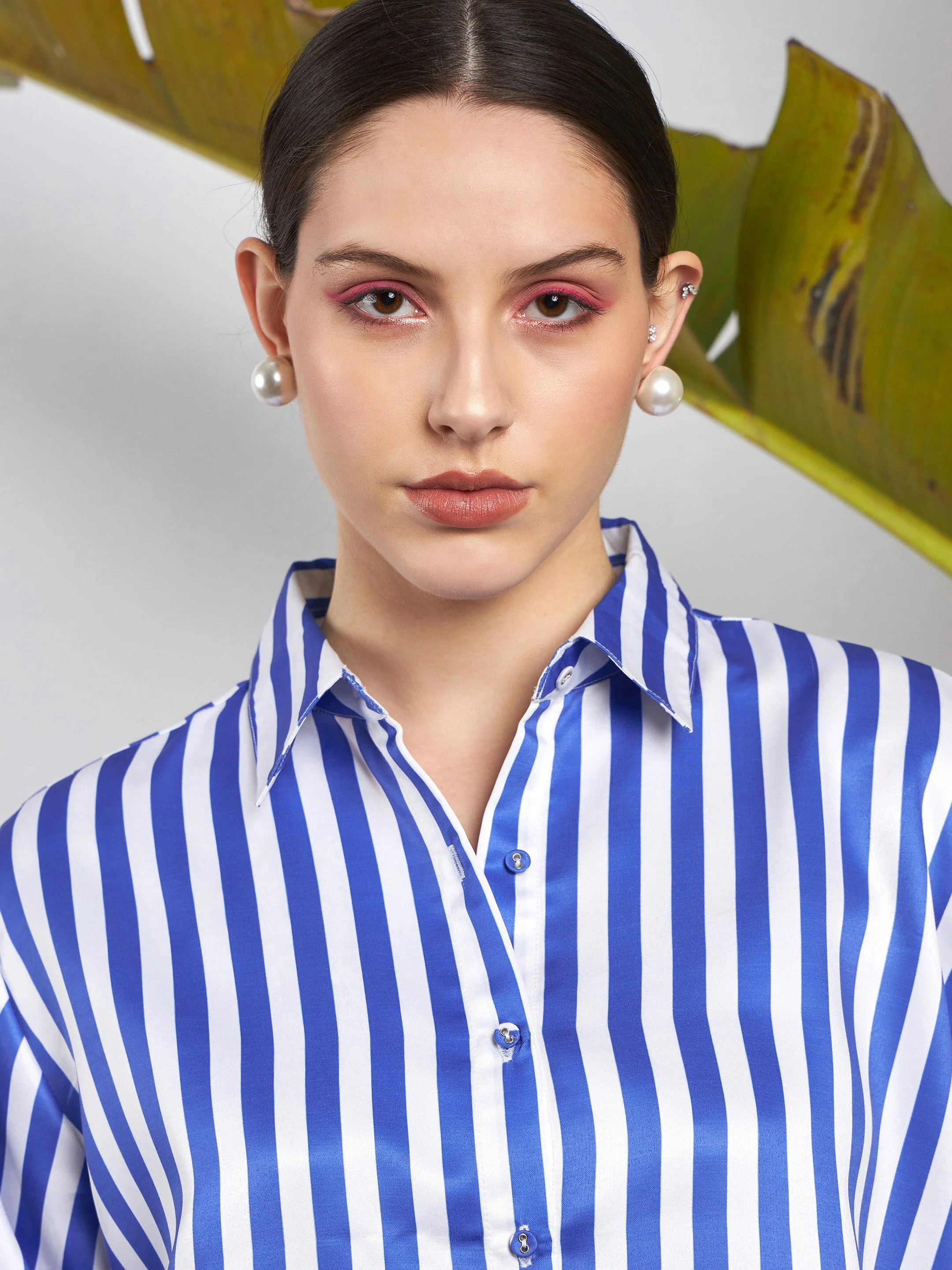 Women Blue & White Satin Striped Shirt - Image 4
