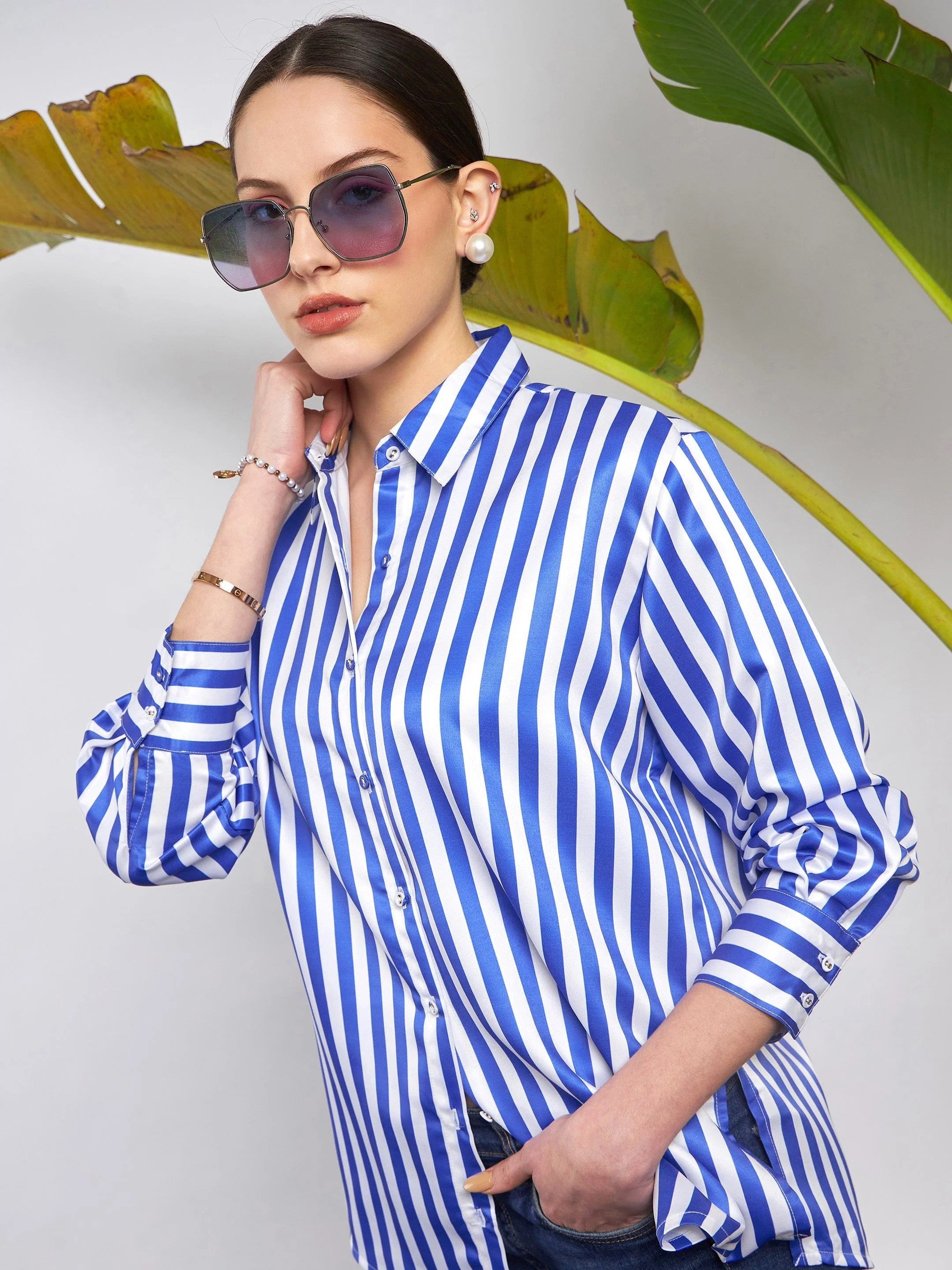 Women Blue & White Satin Striped Shirt - Image 5